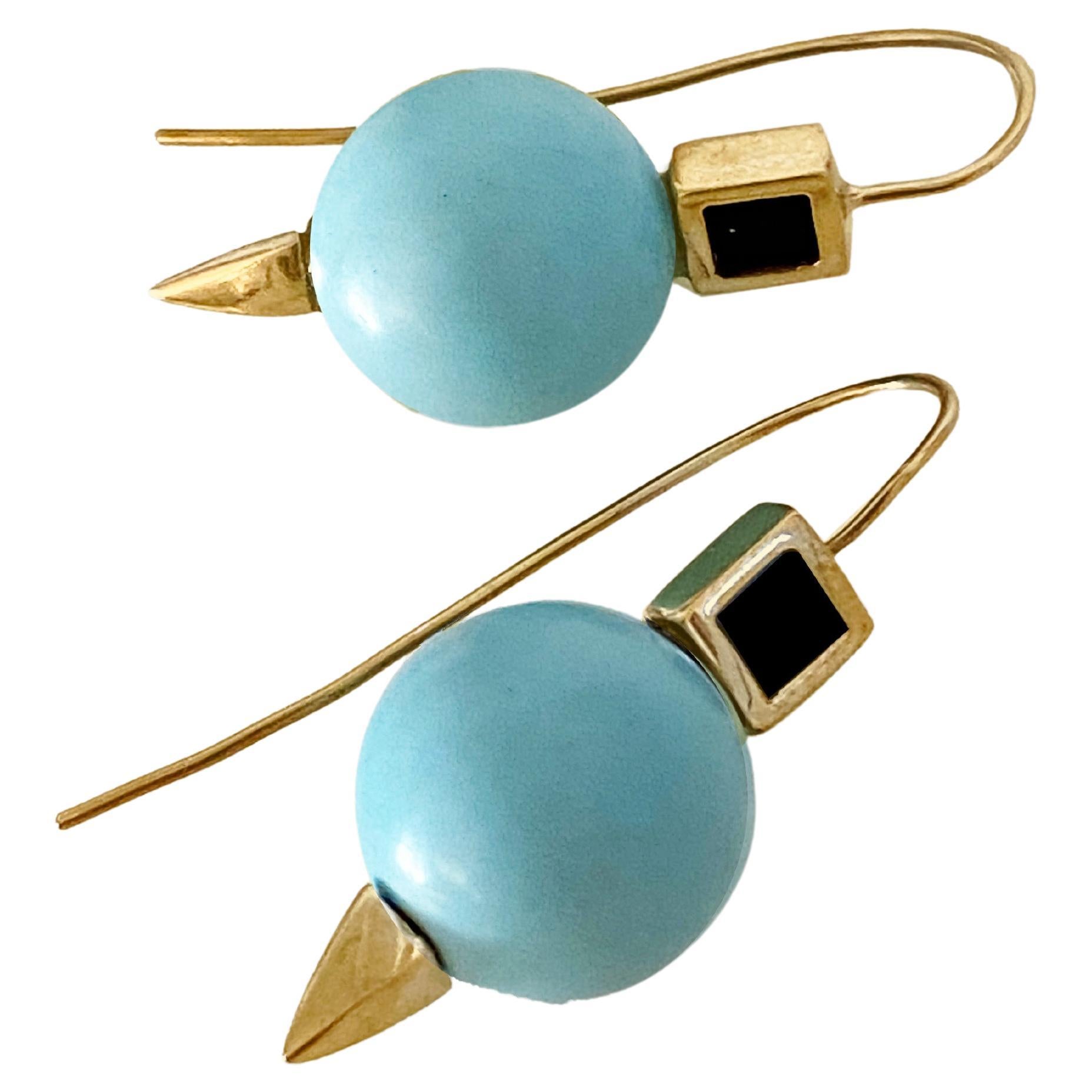 Rossella Ugolini Turquoise and Onyx 18 Karat Yellow Gold Earrings For Sale