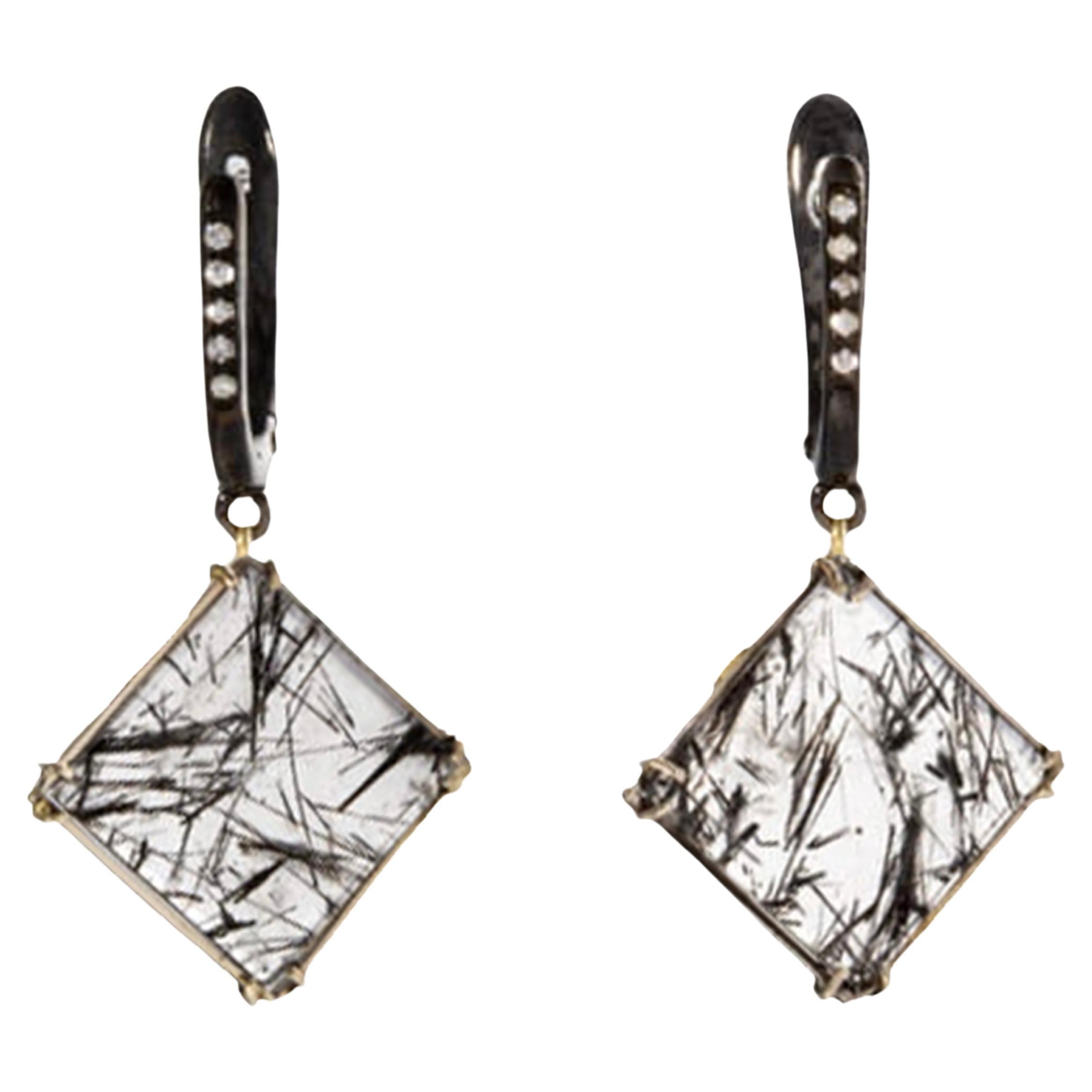 Rossella Ugolini Einzigartige Ohrringe 18K Gold Diamanten Turmalinierter Quarz Italienisch