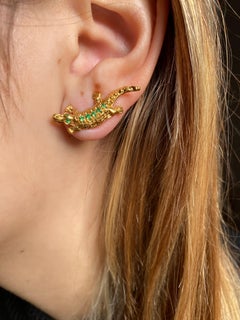 Rossella Ugolini Unisex Alligator Stud Earrings 18K Yellow Gold Emeralds