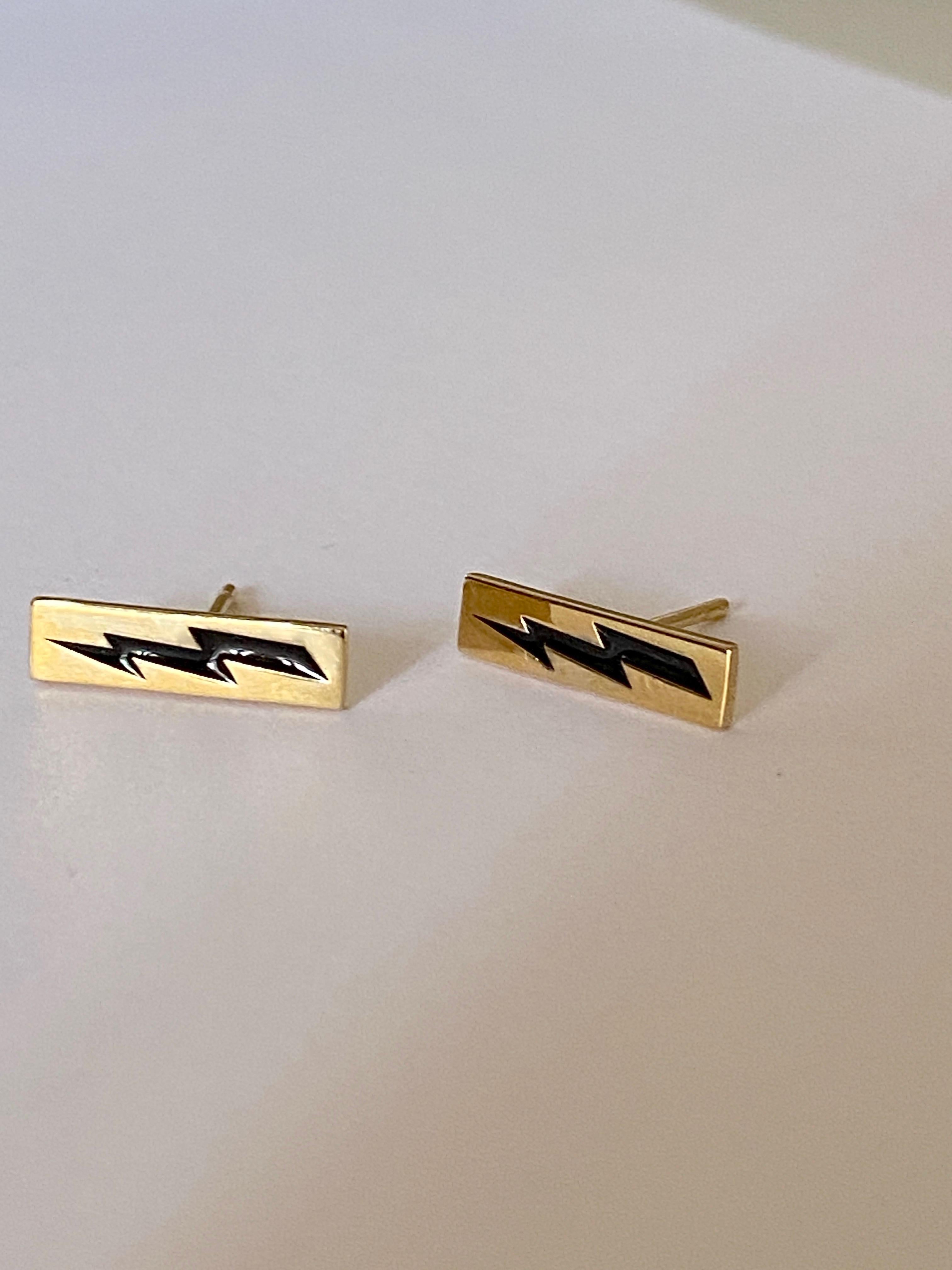 Modern Rossella Ugolini Unisex Lightning Bolt Man Earrings Gold Black Enamel  For Sale