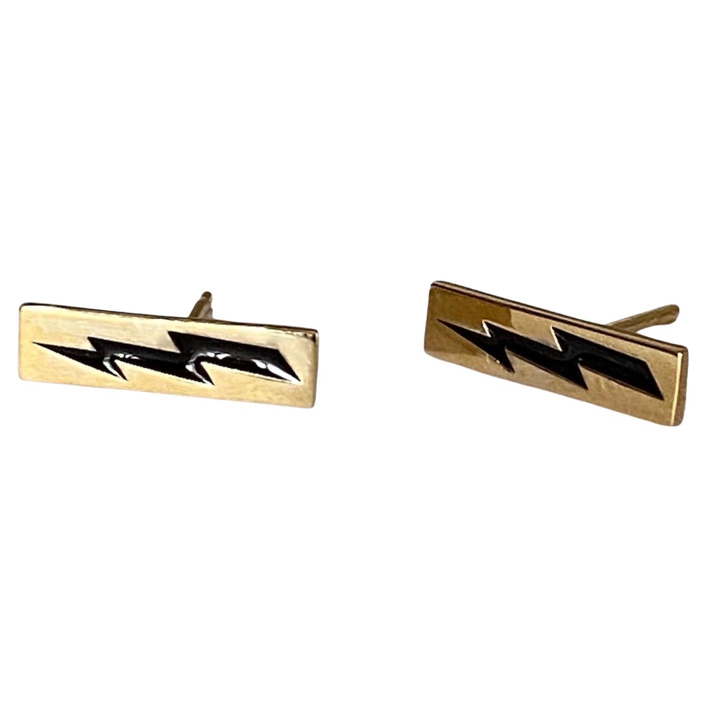 Rossella Ugolini Unisex Lightning Bolt Man Earrings Gold Black Enamel  For Sale
