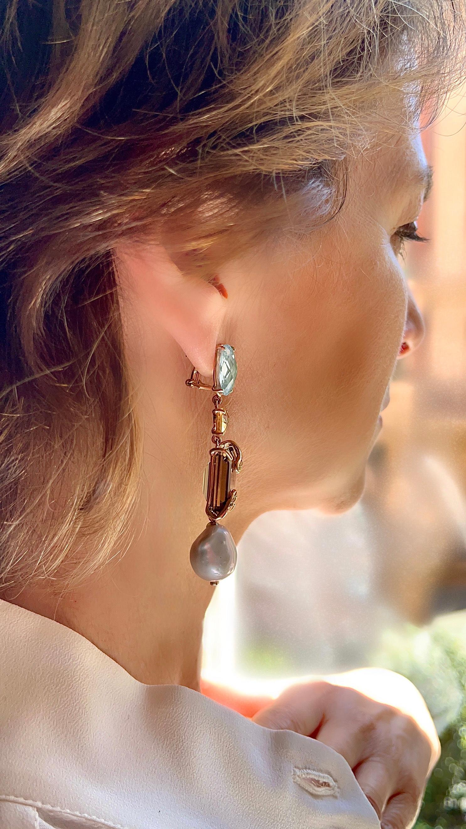 Art Deco Rossella Ugolini Yellow Gold Green Amethyst Smoky Quartz Citrine Earrings For Sale