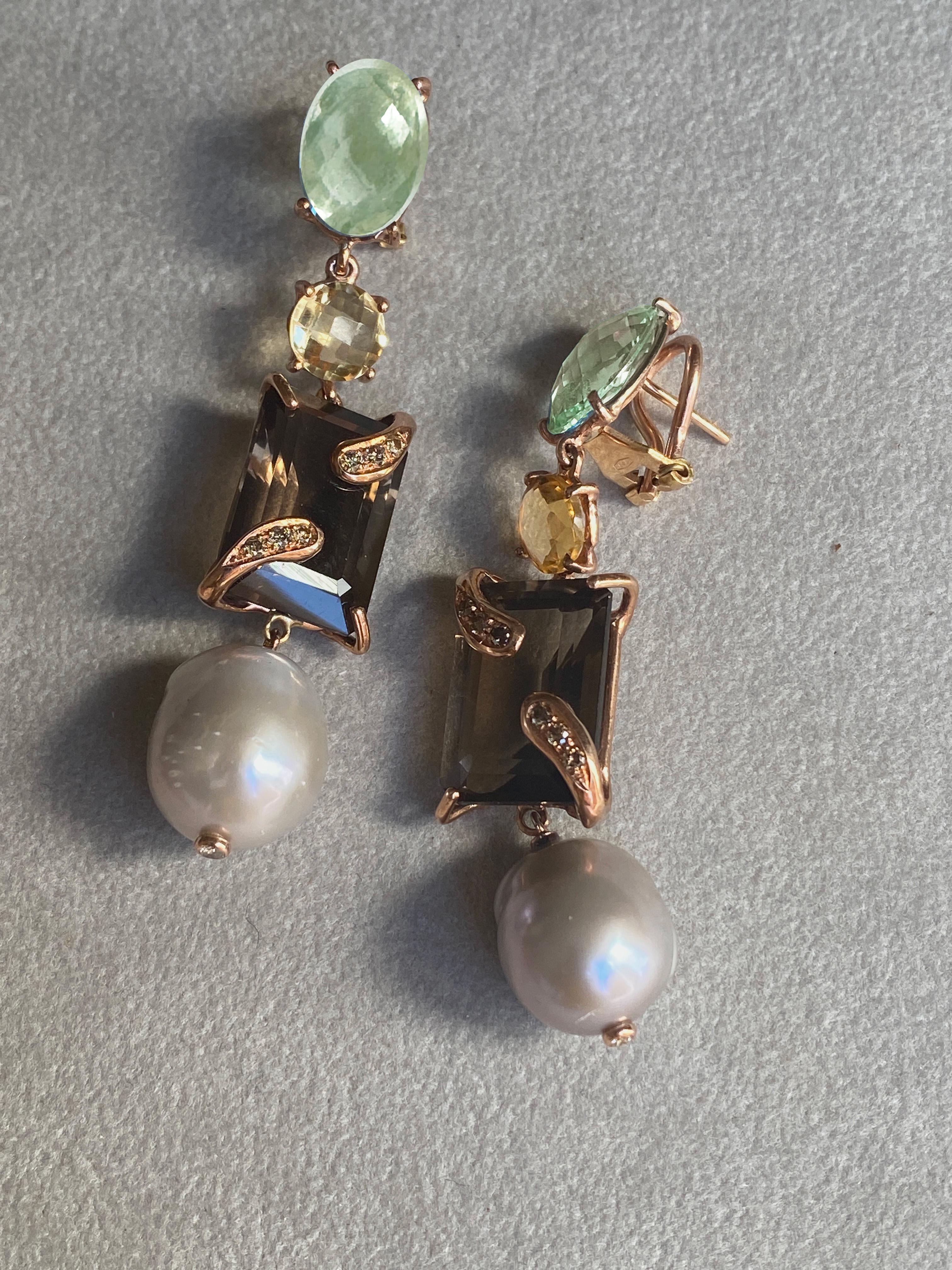 Emerald Cut Rossella Ugolini Yellow Gold Green Amethyst Smoky Quartz Citrine Earrings For Sale