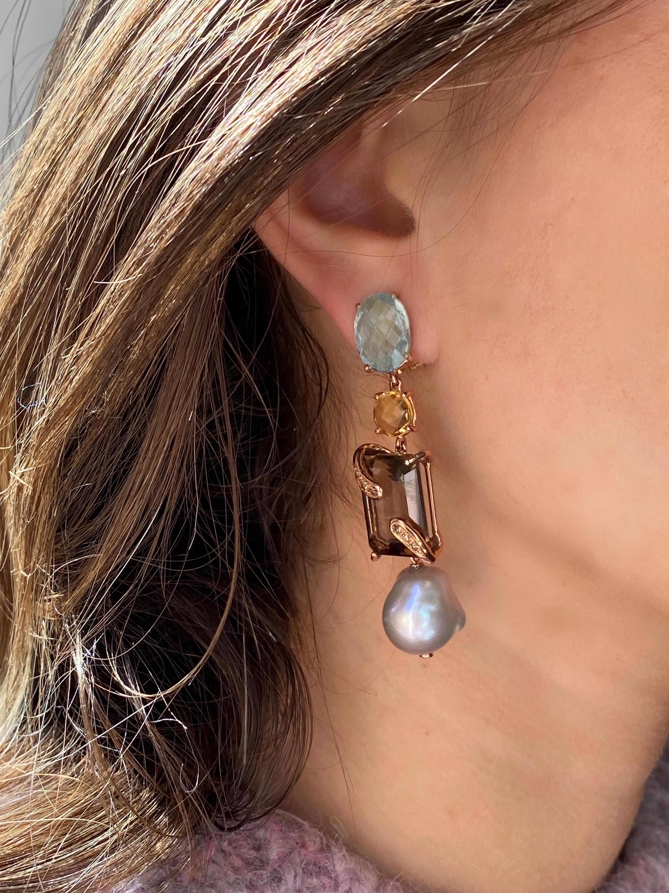 Rossella Ugolini Yellow Gold Green Amethyst Smoky Quartz Citrine Earrings In New Condition For Sale In Rome, IT