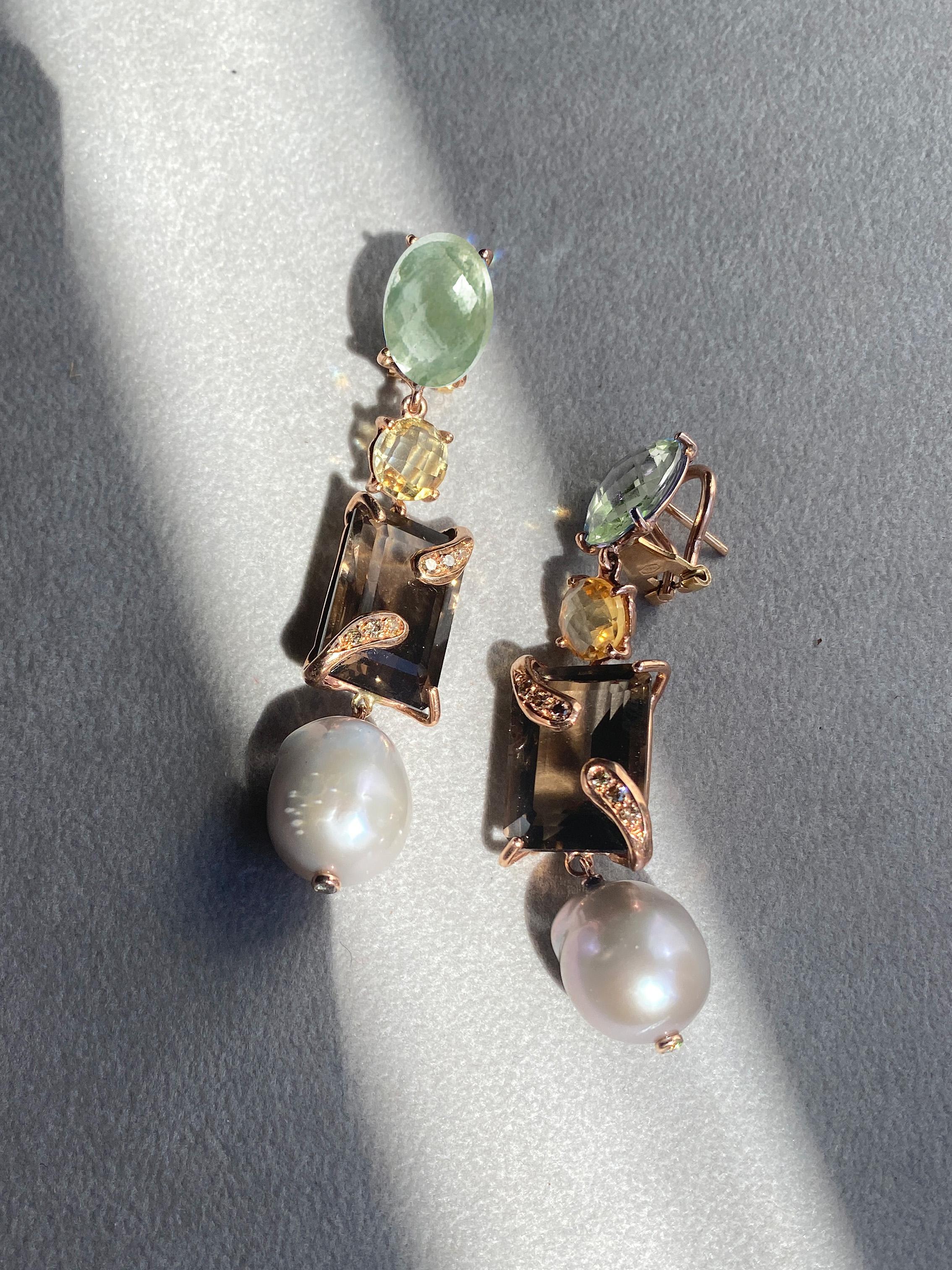 Women's Rossella Ugolini Yellow Gold Green Amethyst Smoky Quartz Citrine Earrings For Sale