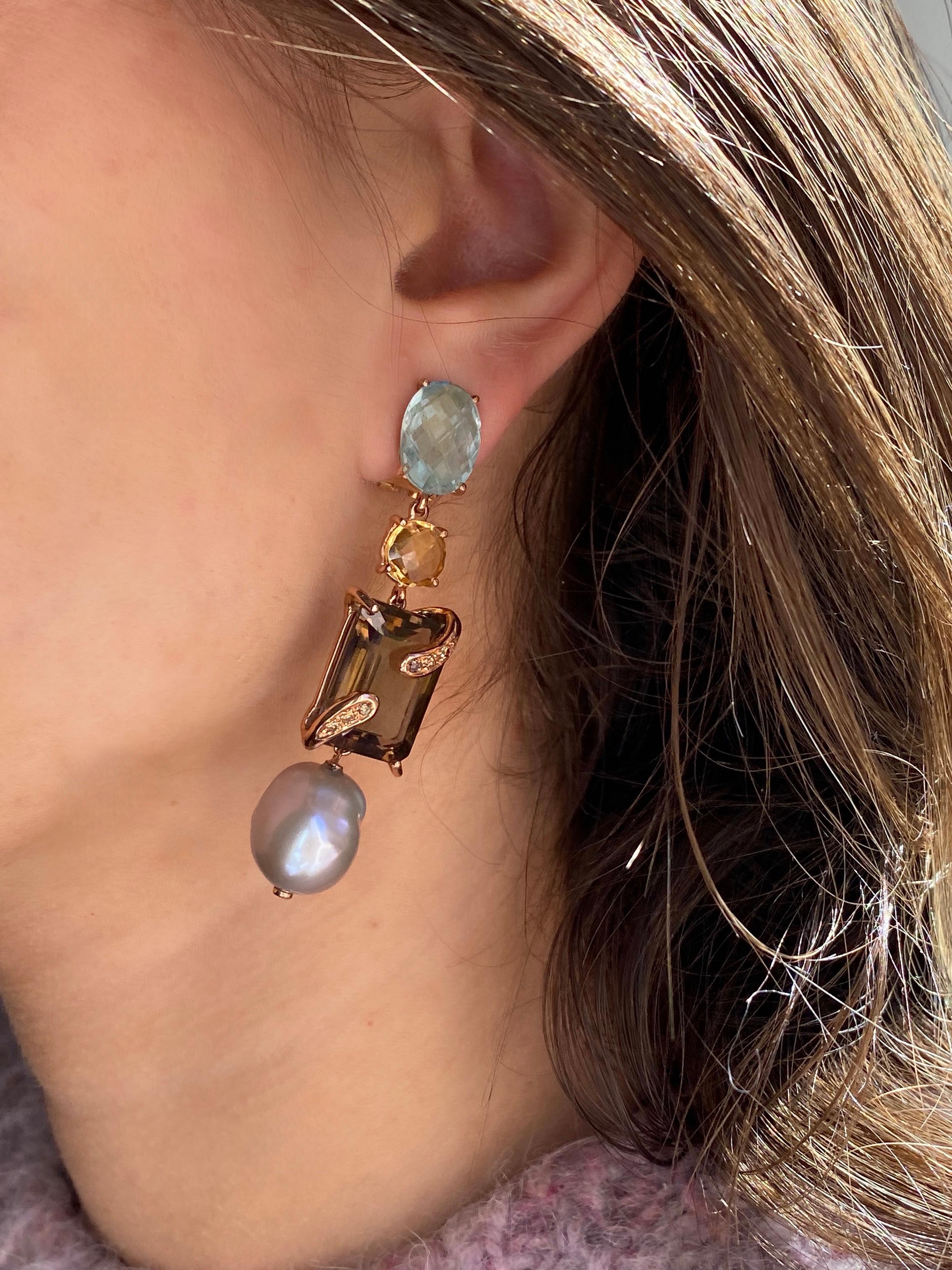 Rossella Ugolini Yellow Gold Green Amethyst Smoky Quartz Citrine Earrings For Sale 1