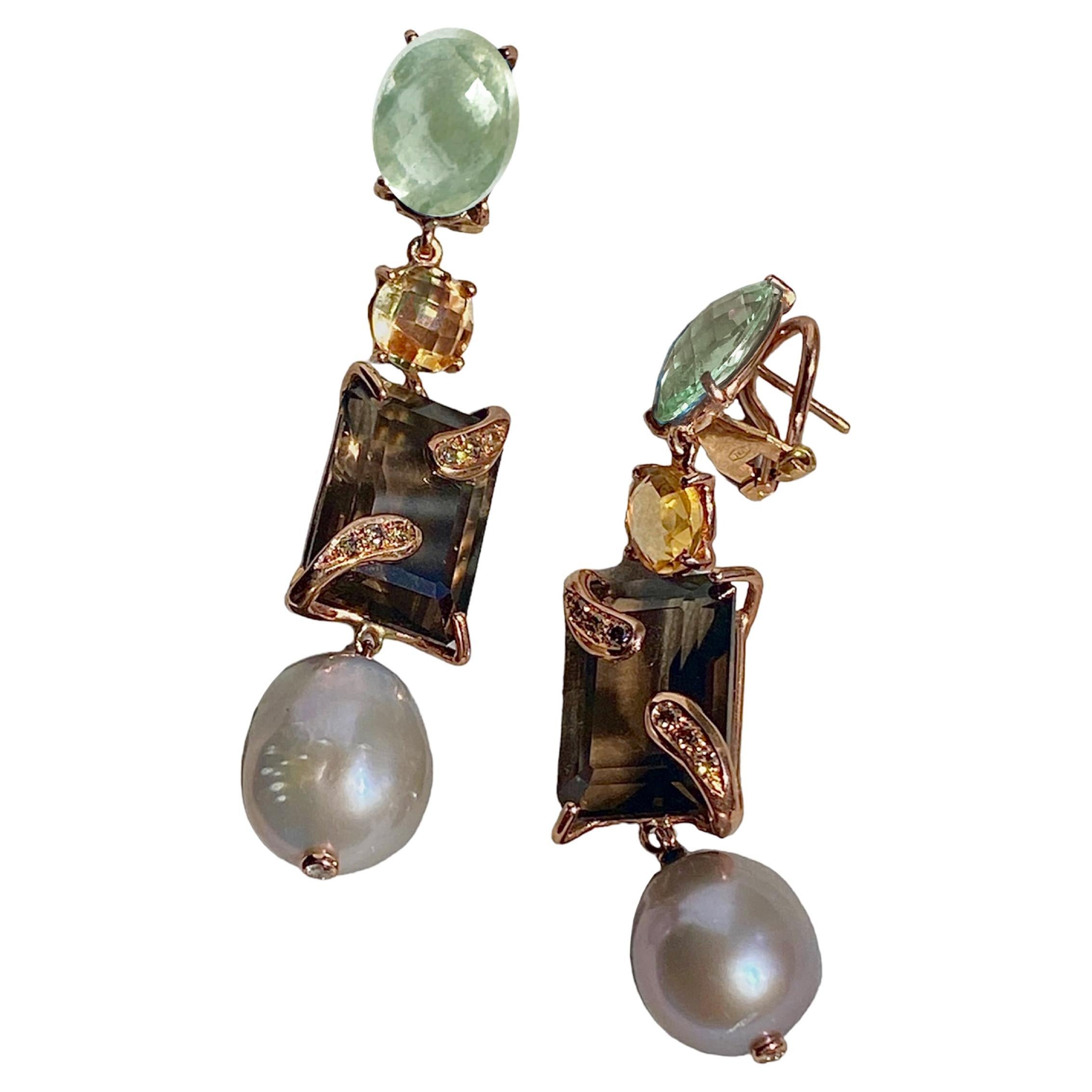 Rossella Ugolini Yellow Gold Green Amethyst Smoky Quartz Citrine Earrings For Sale