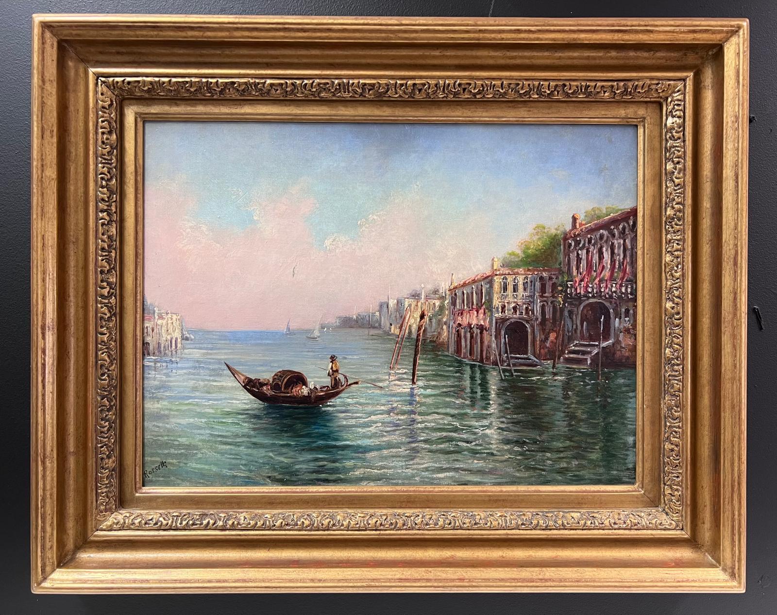Luminoso e caldo dipinto a olio italiano firmato Gondoliere del canale veneziano Impressionista - Painting di Rosselli