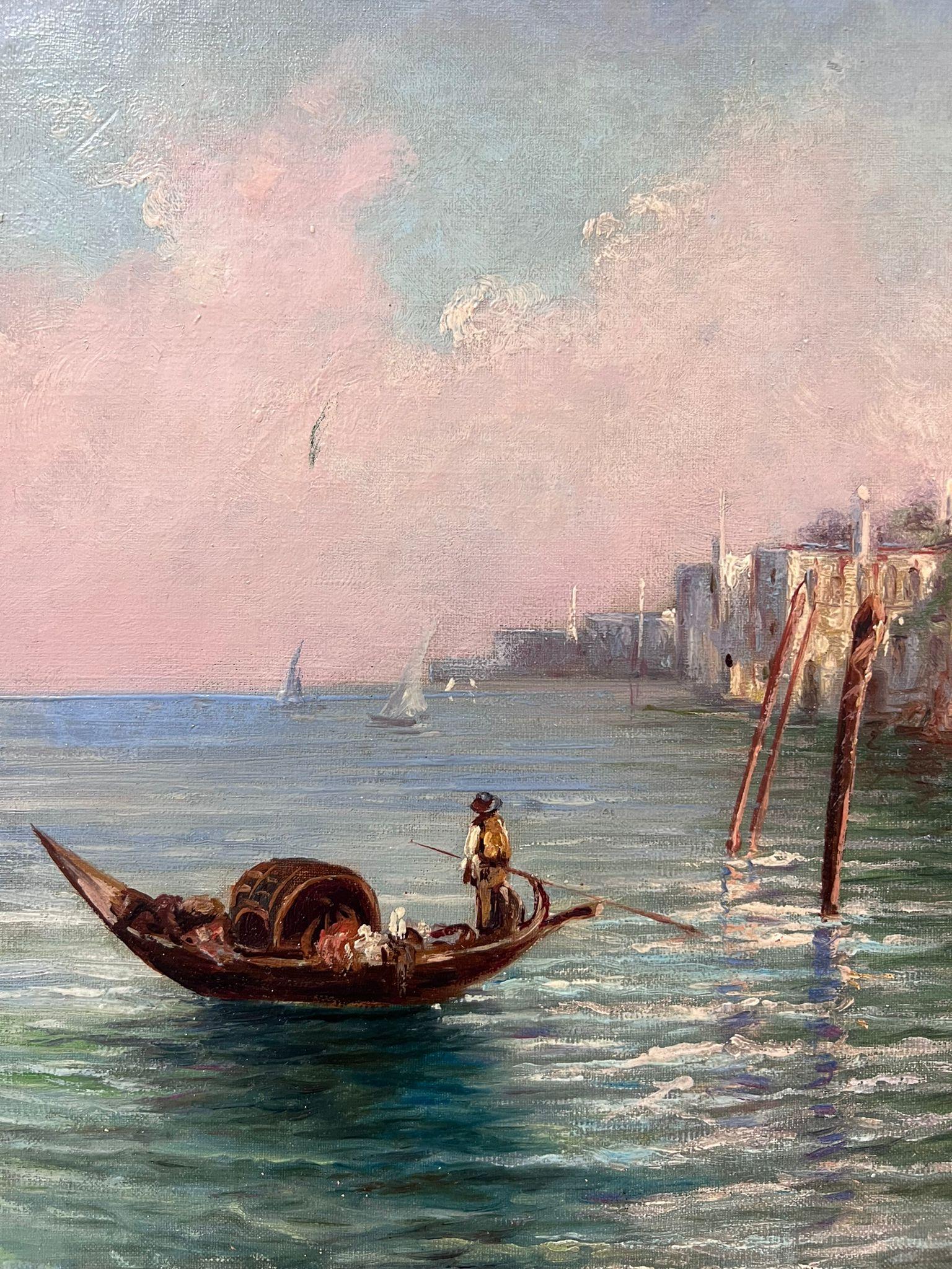 Luminoso e caldo dipinto a olio italiano firmato Gondoliere del canale veneziano Impressionista 1