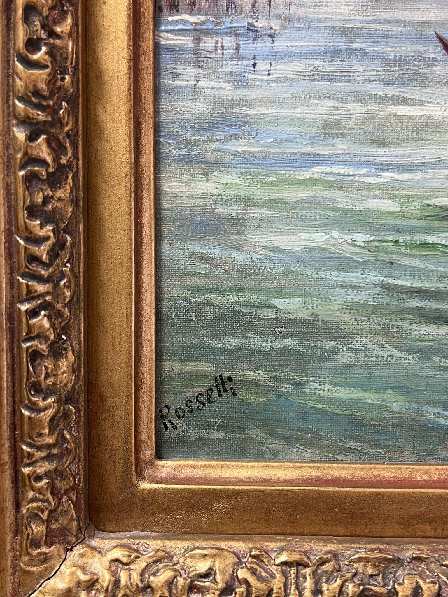 Luminoso e caldo dipinto a olio italiano firmato Gondoliere del canale veneziano Impressionista 2