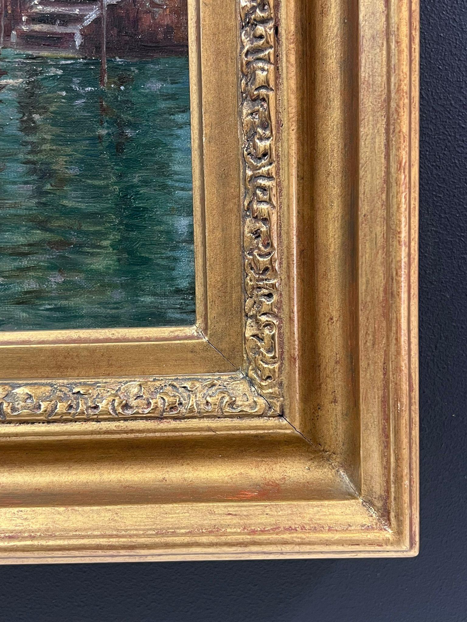 Luminoso e caldo dipinto a olio italiano firmato Gondoliere del canale veneziano Impressionista 3