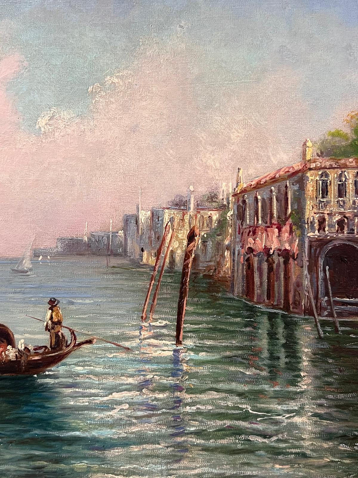 Luminoso e caldo dipinto a olio italiano firmato Gondoliere del canale veneziano Impressionista 5