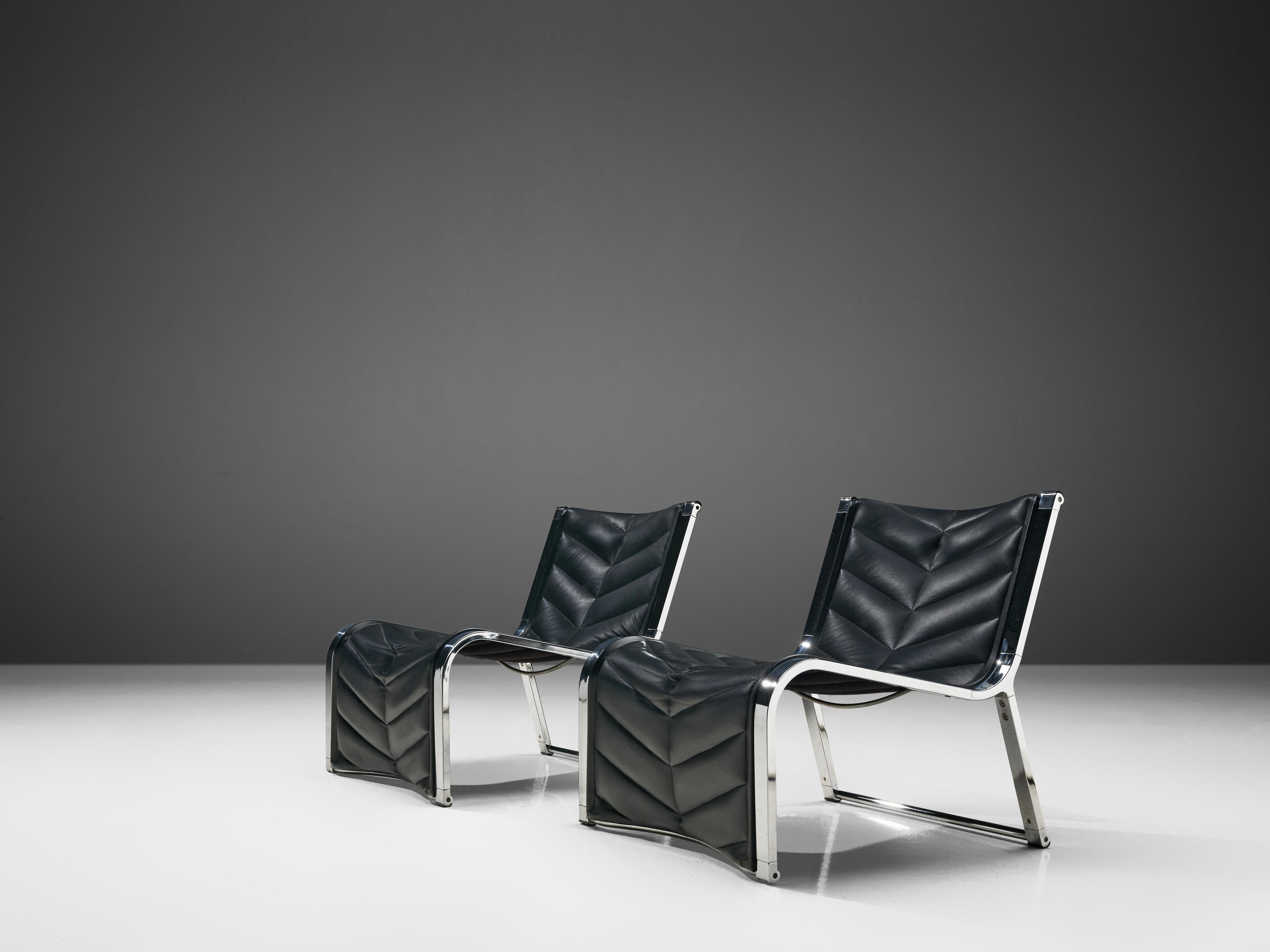 Italian Rossi di Albizzate Lounge Chairs in Leather and Chrome For Sale