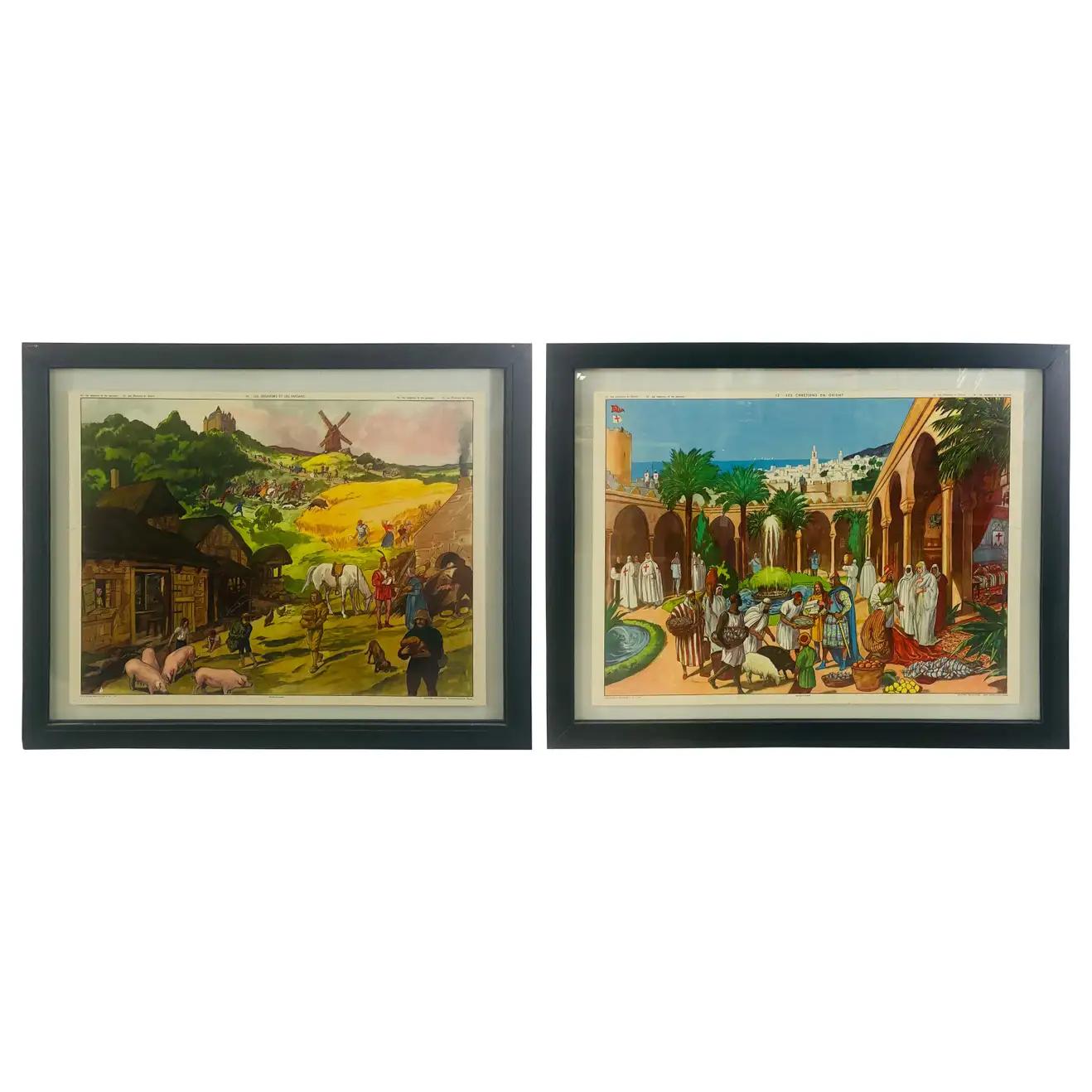 A two side wall art posters of 1960's editions Rossignol, produced in Montmorillon -Vienne in France. Both posters entitled " Les chretiens en orient - Les seigneurs et les paysans" in English " The Christians in the Middle East - the lords and the