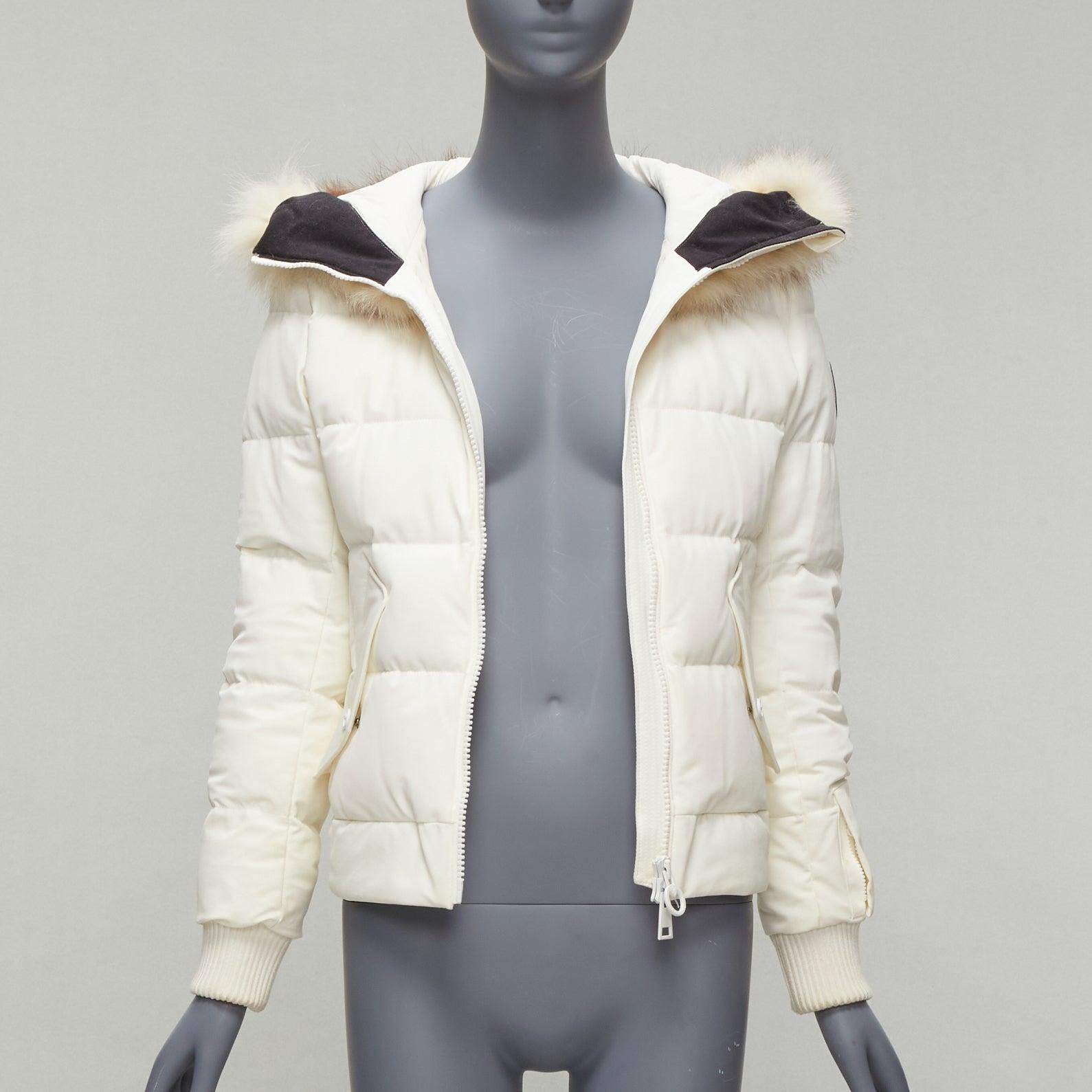 Gray ROSSIGNOL ivory fur trim hood logo hooded down puffer jacket IT38 XS For Sale