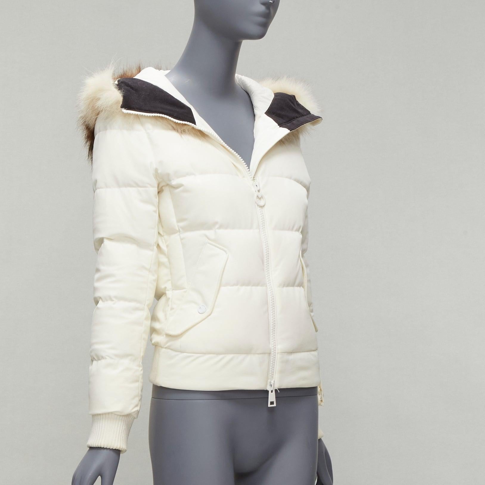 ROSSIGNOL ivory fur trim hood logo hooded down puffer jacket IT38 XS In Good Condition For Sale In Hong Kong, NT