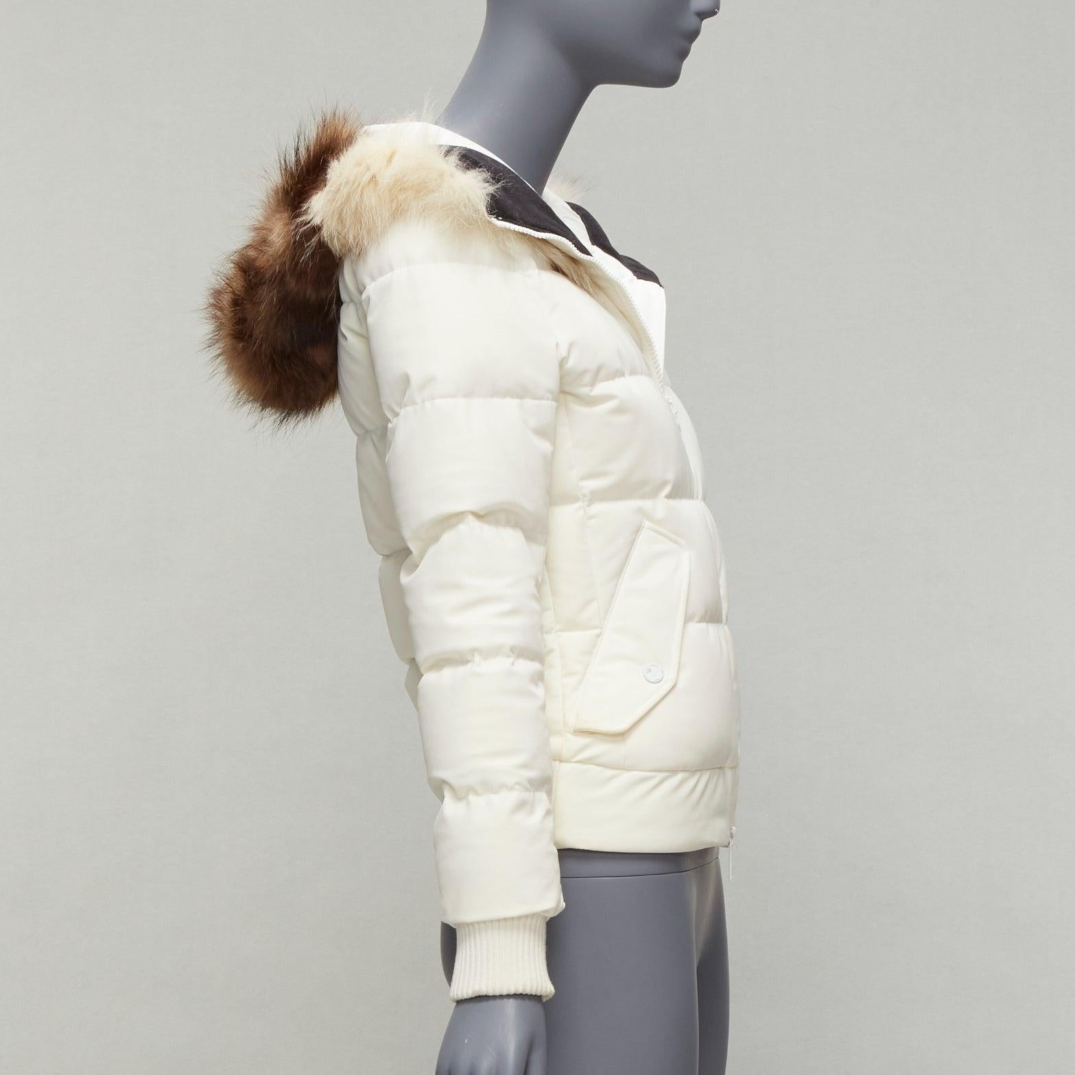Women's ROSSIGNOL ivory fur trim hood logo hooded down puffer jacket IT38 XS For Sale
