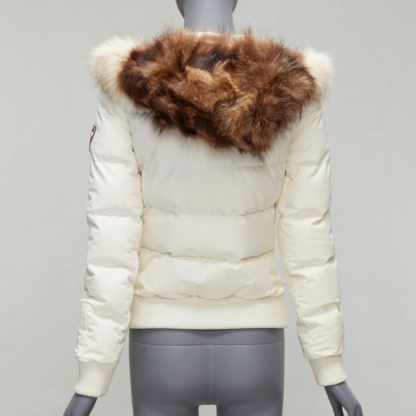 ROSSIGNOL ivory fur trim hood logo hooded down puffer jacket IT38 XS For Sale 1