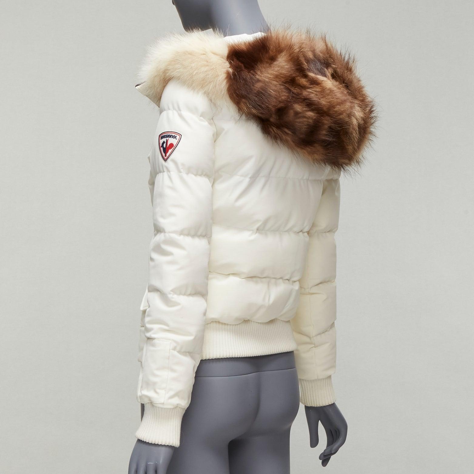 ROSSIGNOL ivory fur trim hood logo hooded down puffer jacket IT38 XS For Sale 2