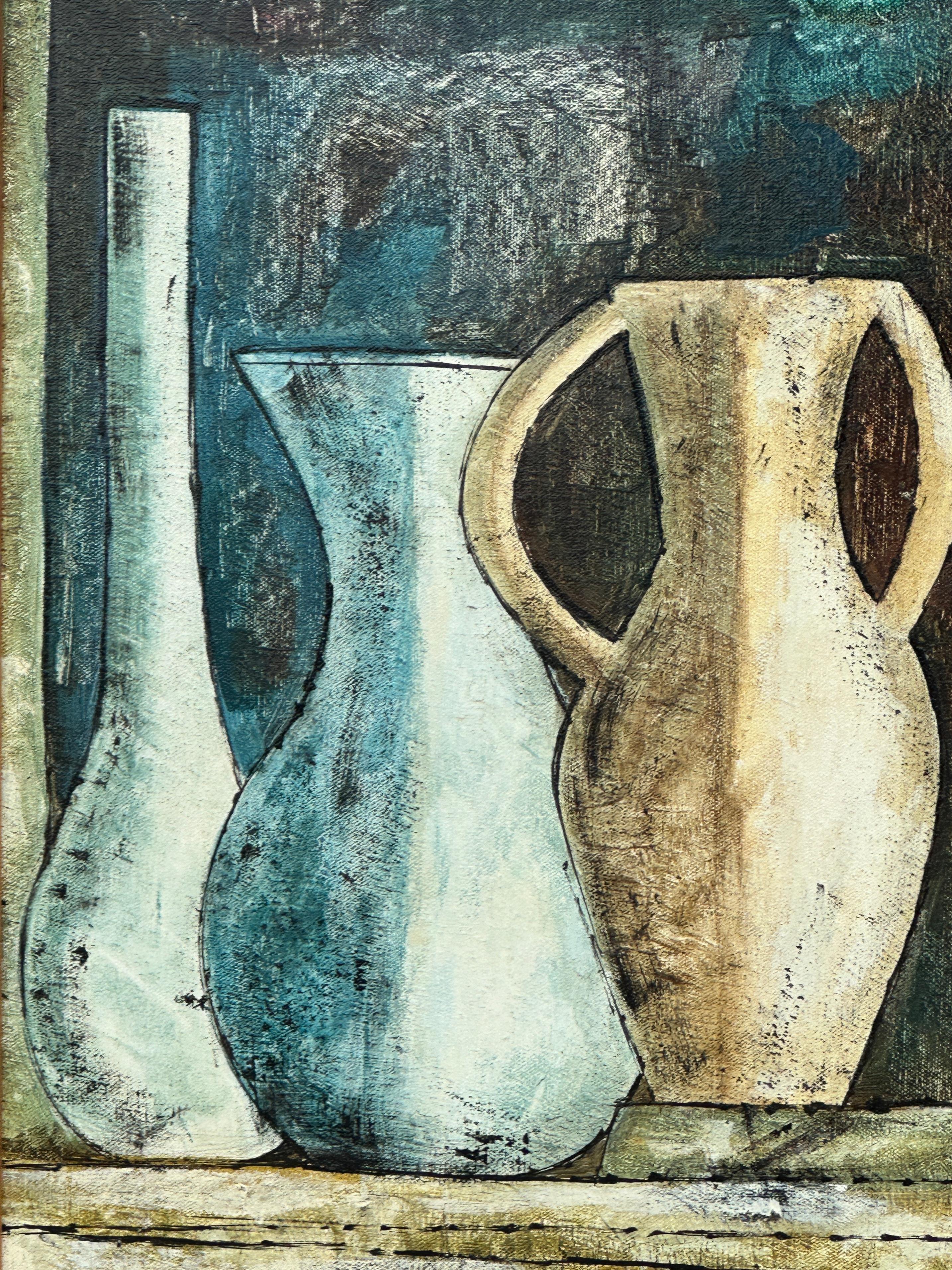 This painting represents the female figure as an object positioned like a ceramic tile on a shelf. This arrangement suggests themes of fragmentation, isolation, compartmentalization, and objectification. Surrounding her are various other objects,