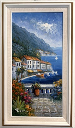 Peinture à l
huile du port côtier méditerranéen signée Rossini encadrée Seascape Art
