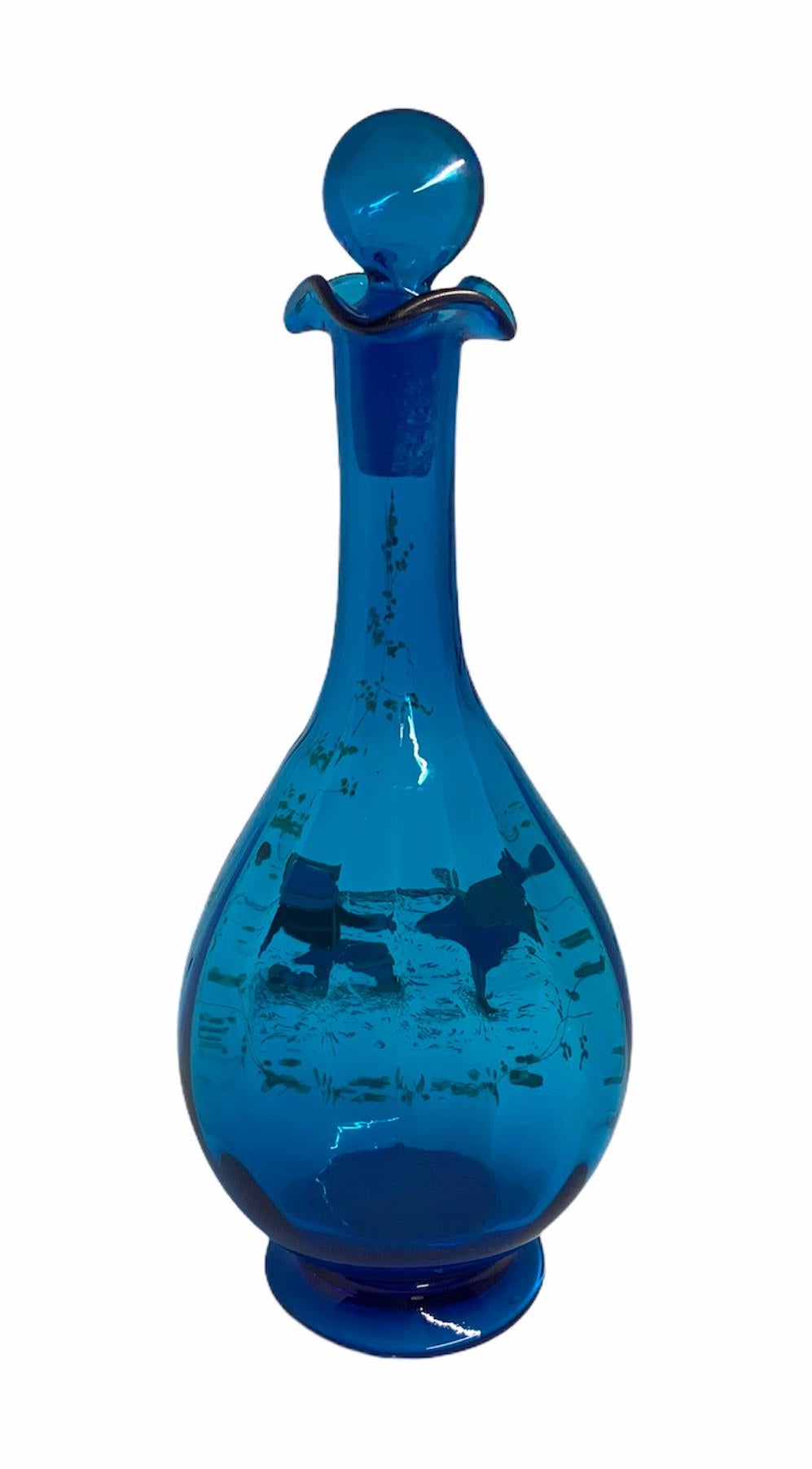 Victorian Rossler Bohemian Royal Blue Glass Enamel Decanter