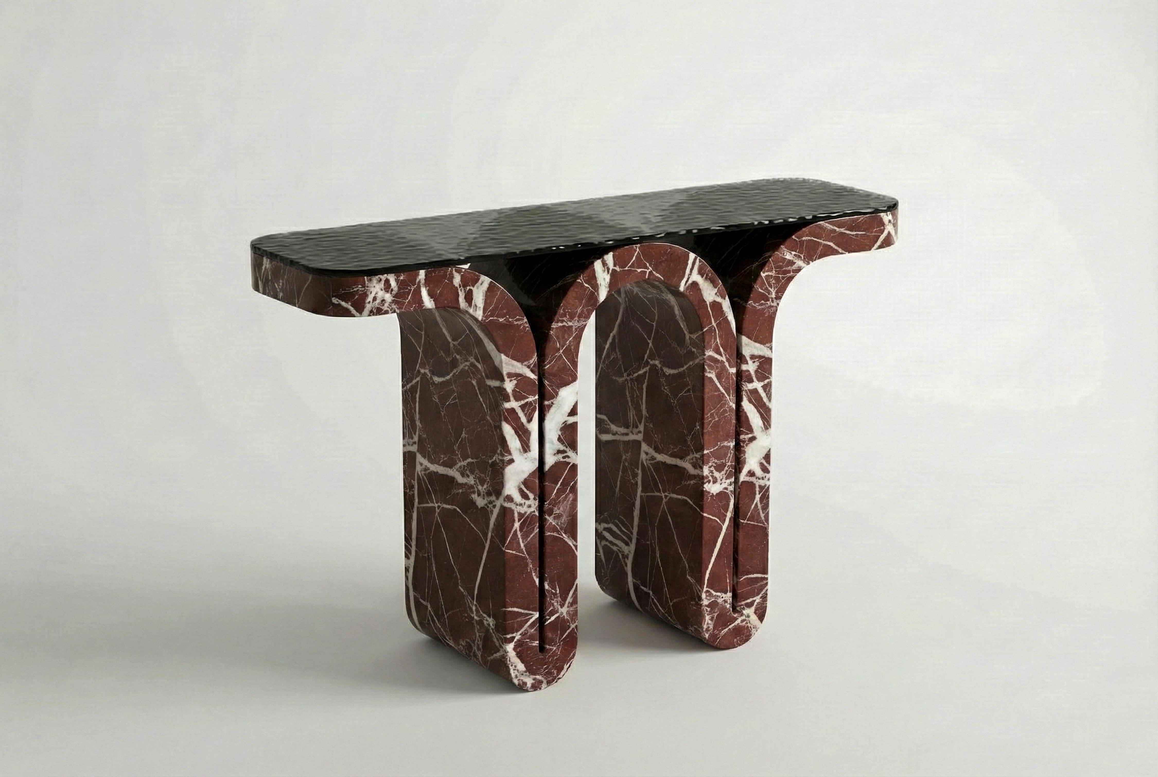 ROSSO LEVANTO CONSOLE TABLE WITH FUSION GLASS

Material: 100% Rosso Levanto Marble & Tempered Fusion Glass.

Dimensions: Standard 48