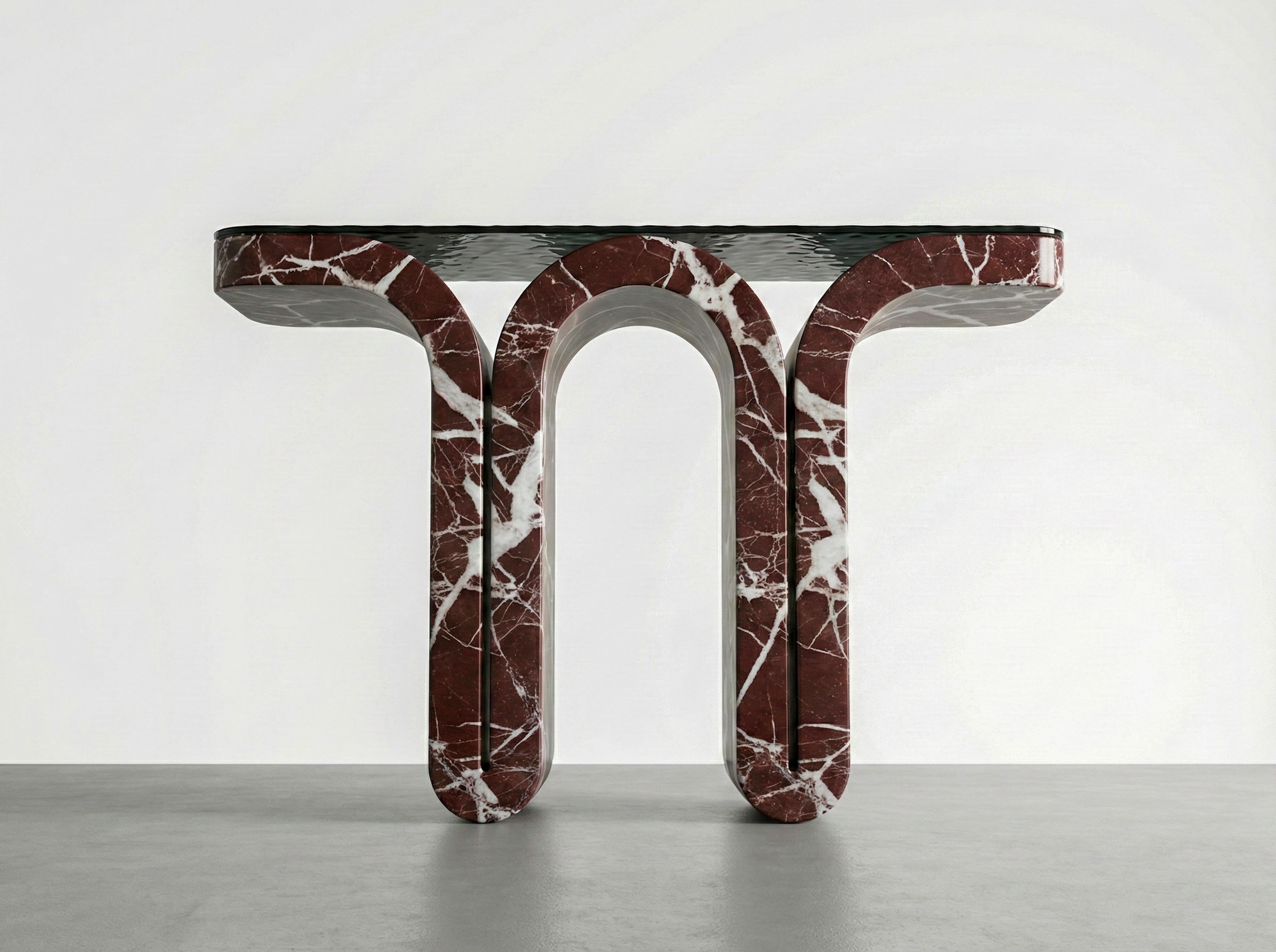 Carved Rosso Levanto Console Table With Fusion Glass , Burgundy Marble Entryway Table For Sale