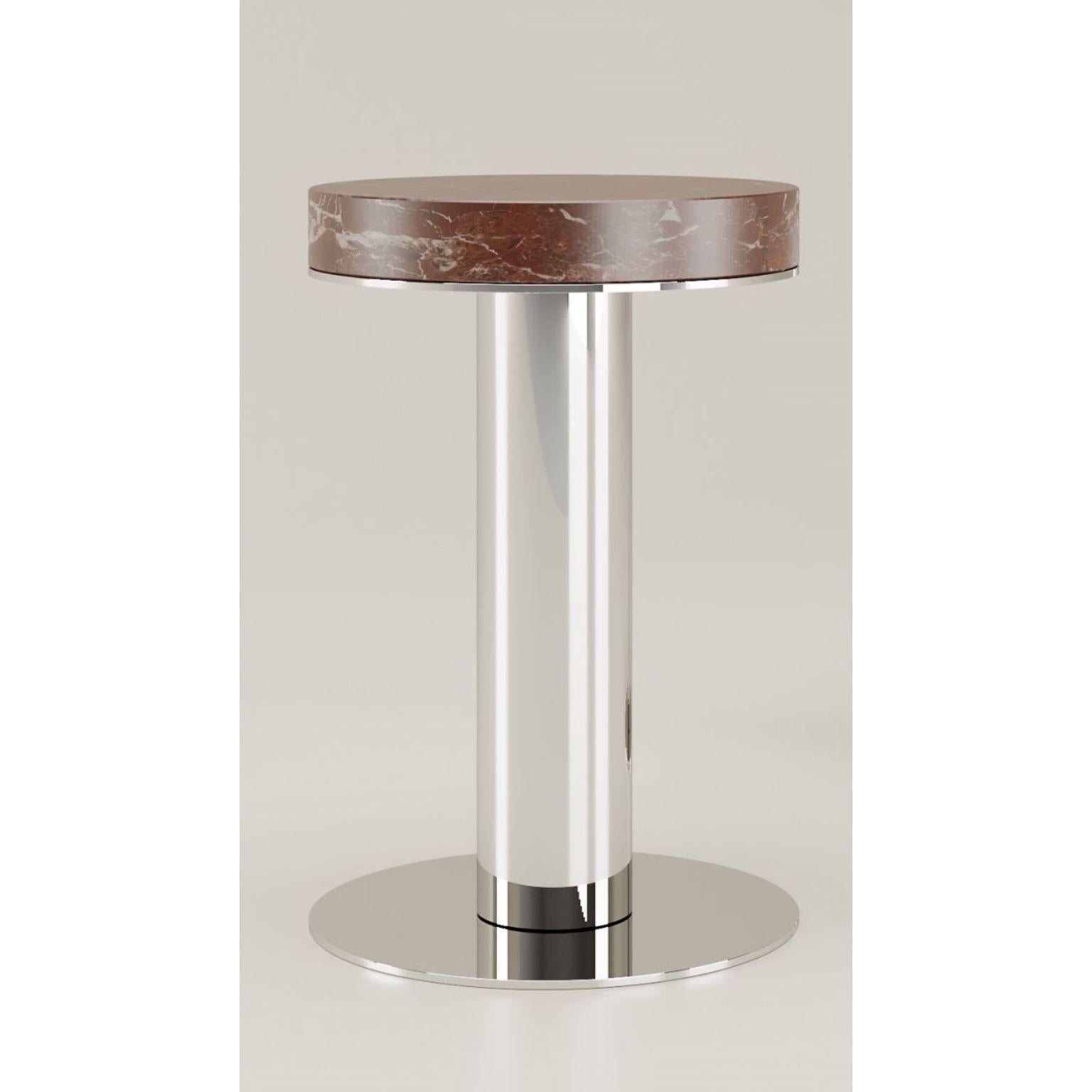 Rosso Lepanto Nail Side Table by Andrea Bonini
Limited Edition
Dimensions: Ø 35 x H 60 cm.
Materials: Rosso Lepanto marble and polished steel. 

Made in Italy. Limited series, numbered and signed pieces. Custom size or finish on request.  Also