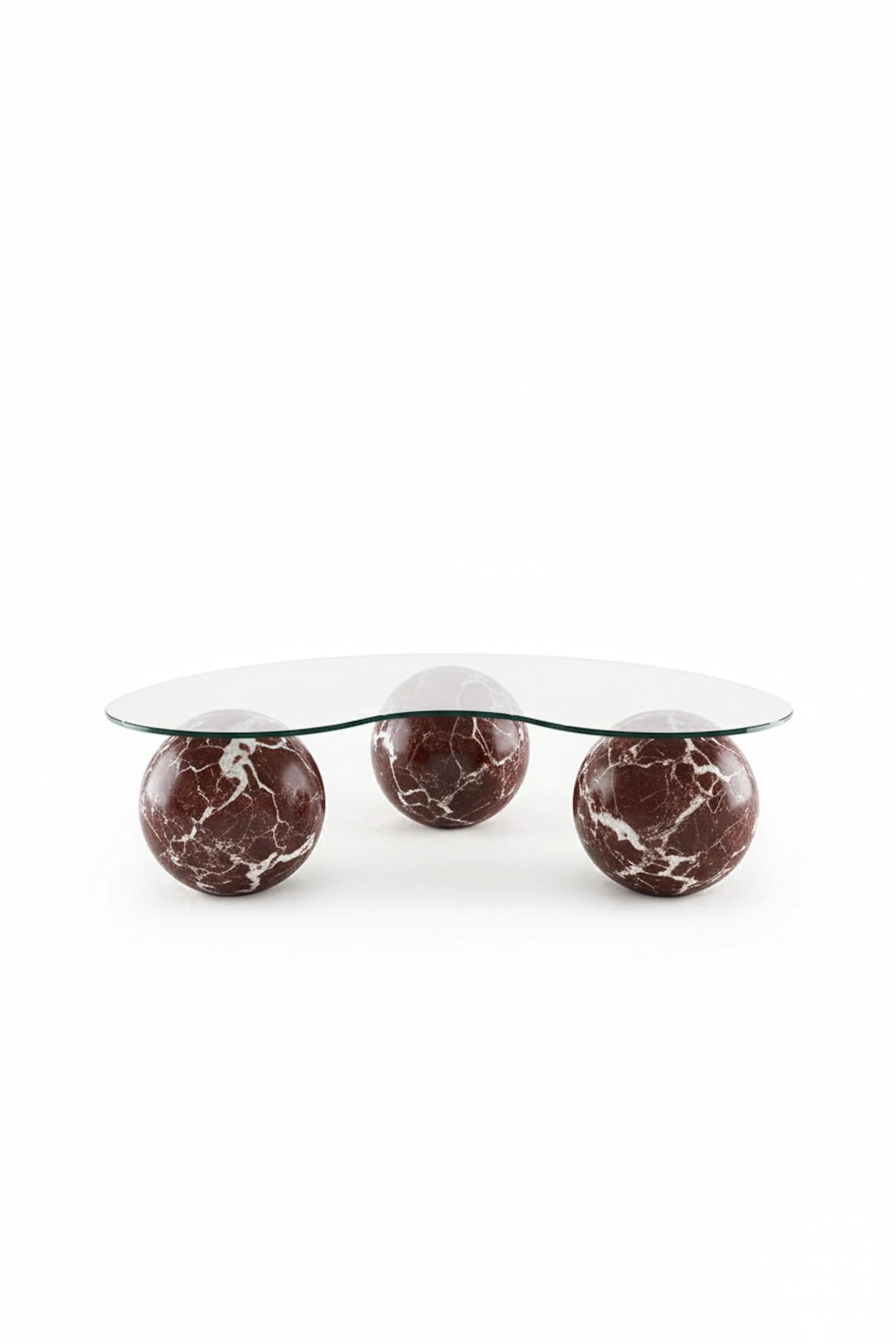 Moderne Table basse en marbre rouge à 3 boules Rosso Levanto - Table basse ronde en verre et marbre en vente