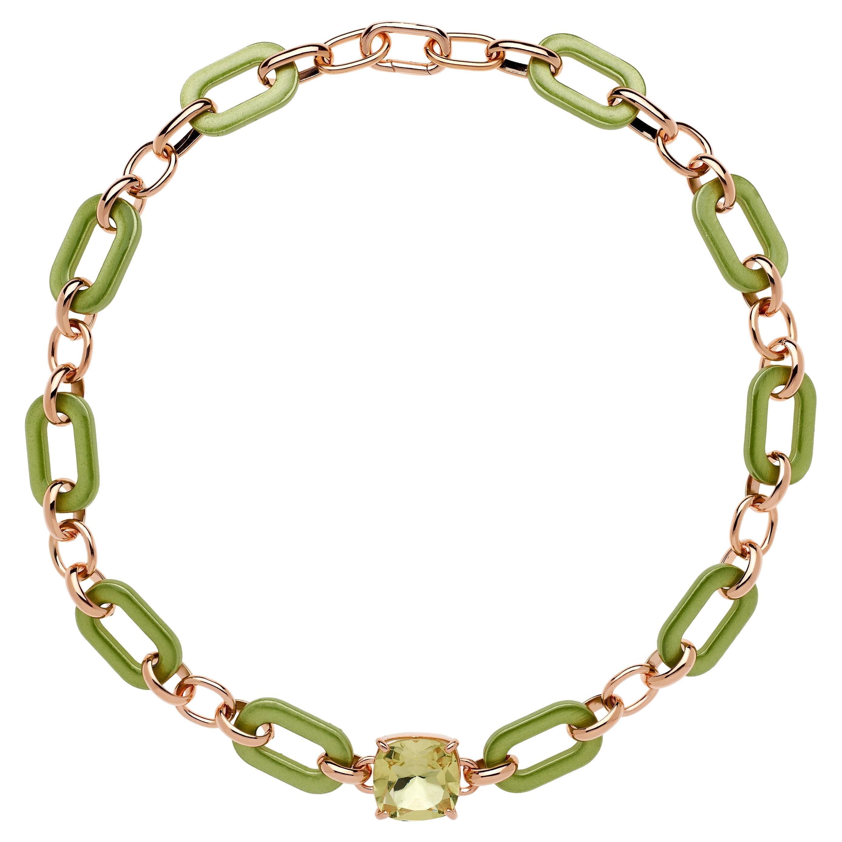 Rossoprezioso Chain Choker in Lacquered and Enameled Wood + Quartz Cushion Cut For Sale