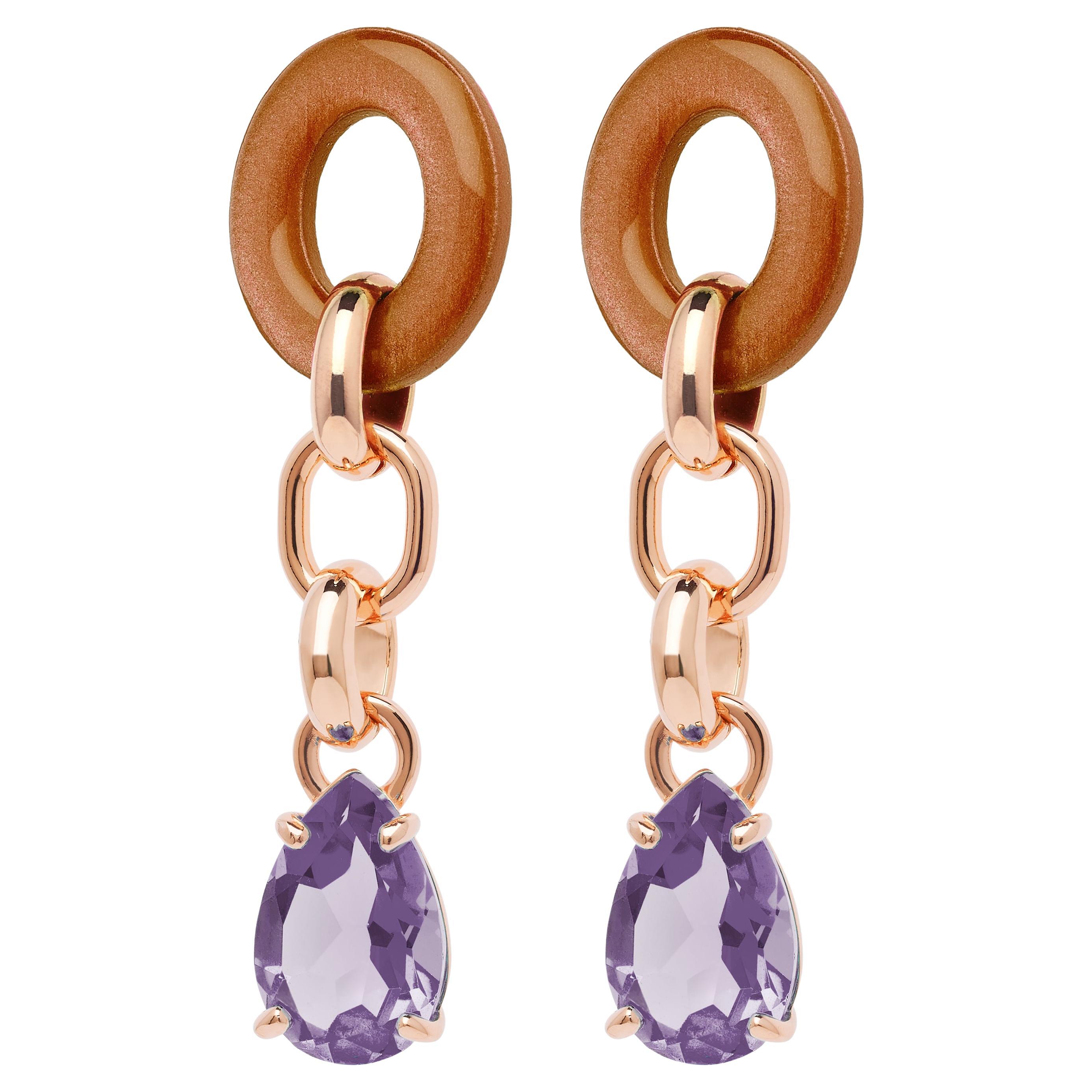 Rossoprezioso Drop Chain Earrings in Lacquered and Enameled Wood + Quartz Gem For Sale