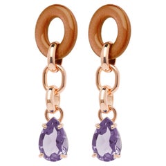 Rossoprezioso Drop Chain Earrings in Lacquered and Enameled Wood + Quartz Gem