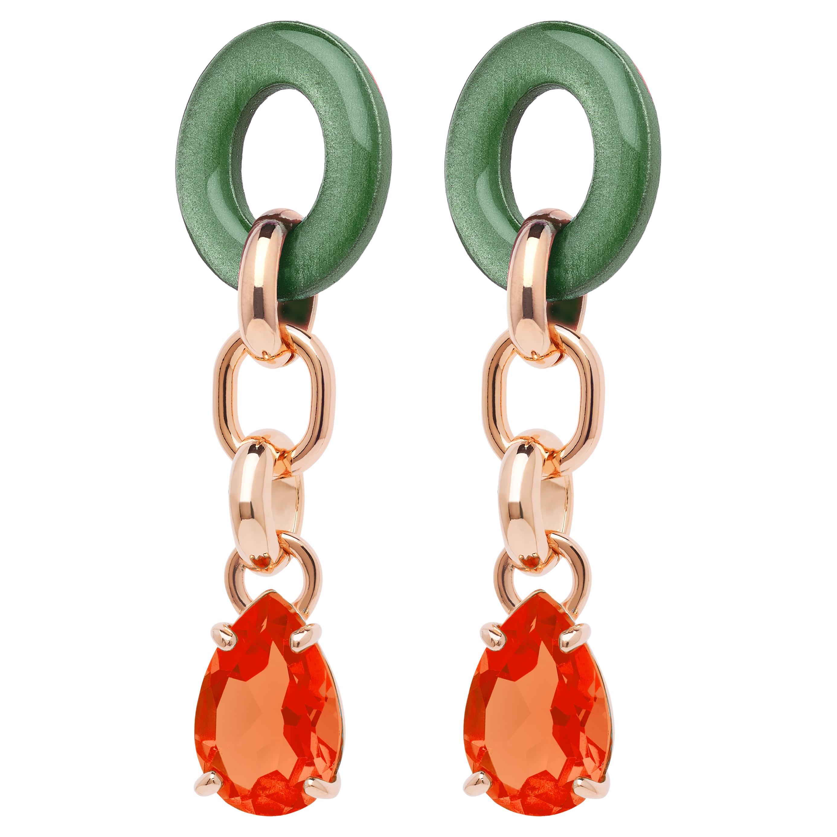Rossoprezioso Drop Chain Earrings in Lacquered and Enameled Wood + Quartz Gem For Sale