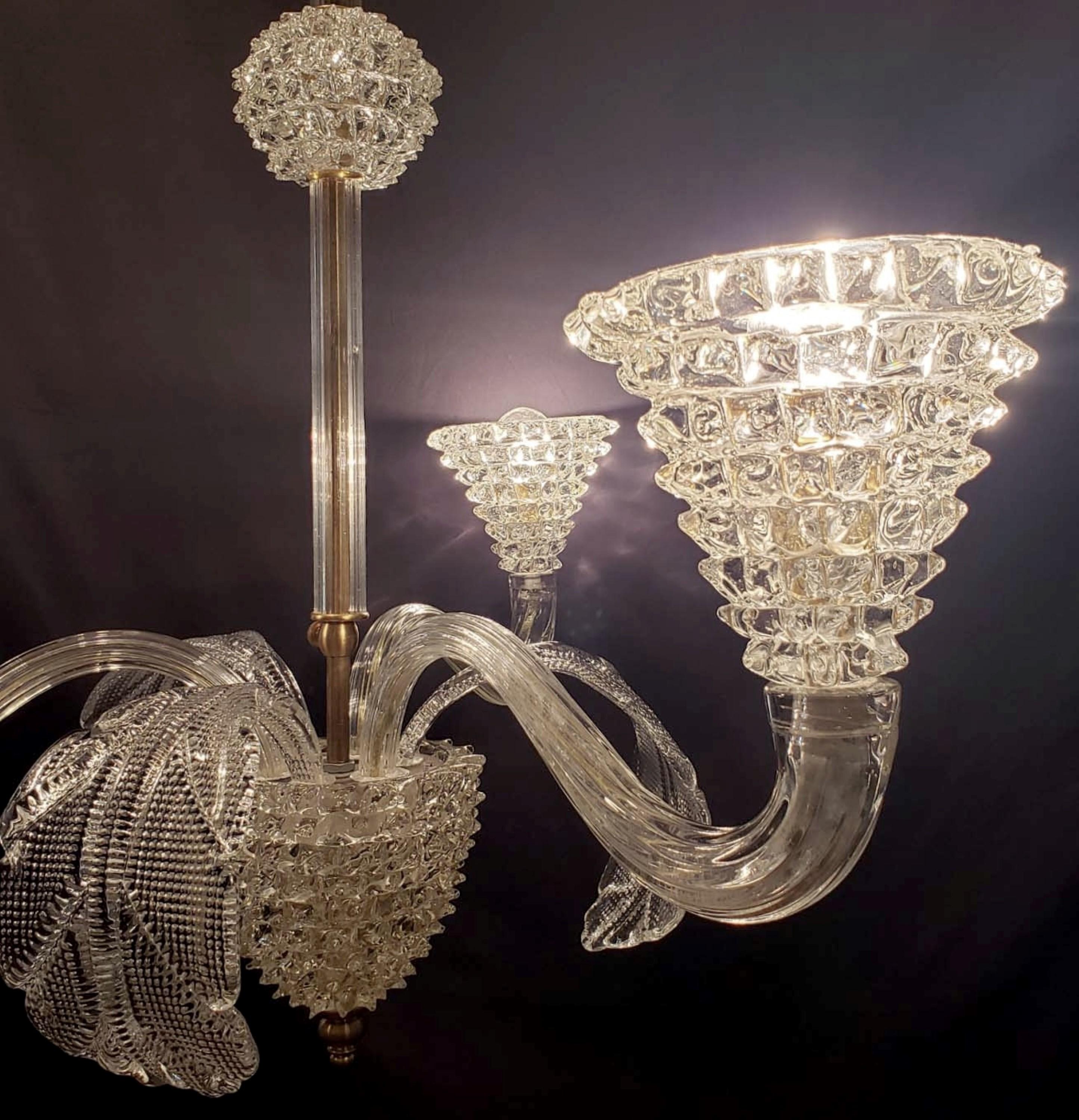 Metal Rostrato Murano Hand Made Clear Glass Chandelier w 3 S Arm  For Sale