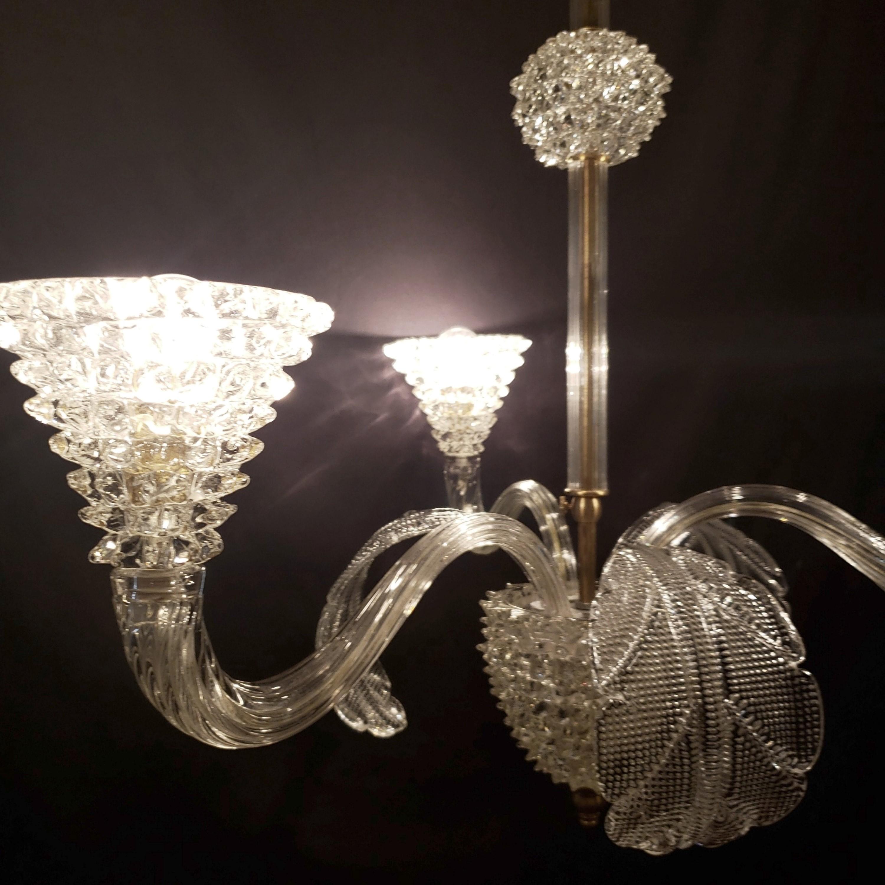 Rostrato Murano Hand Made Clear Glass Chandelier w 3 S Arm  For Sale 1