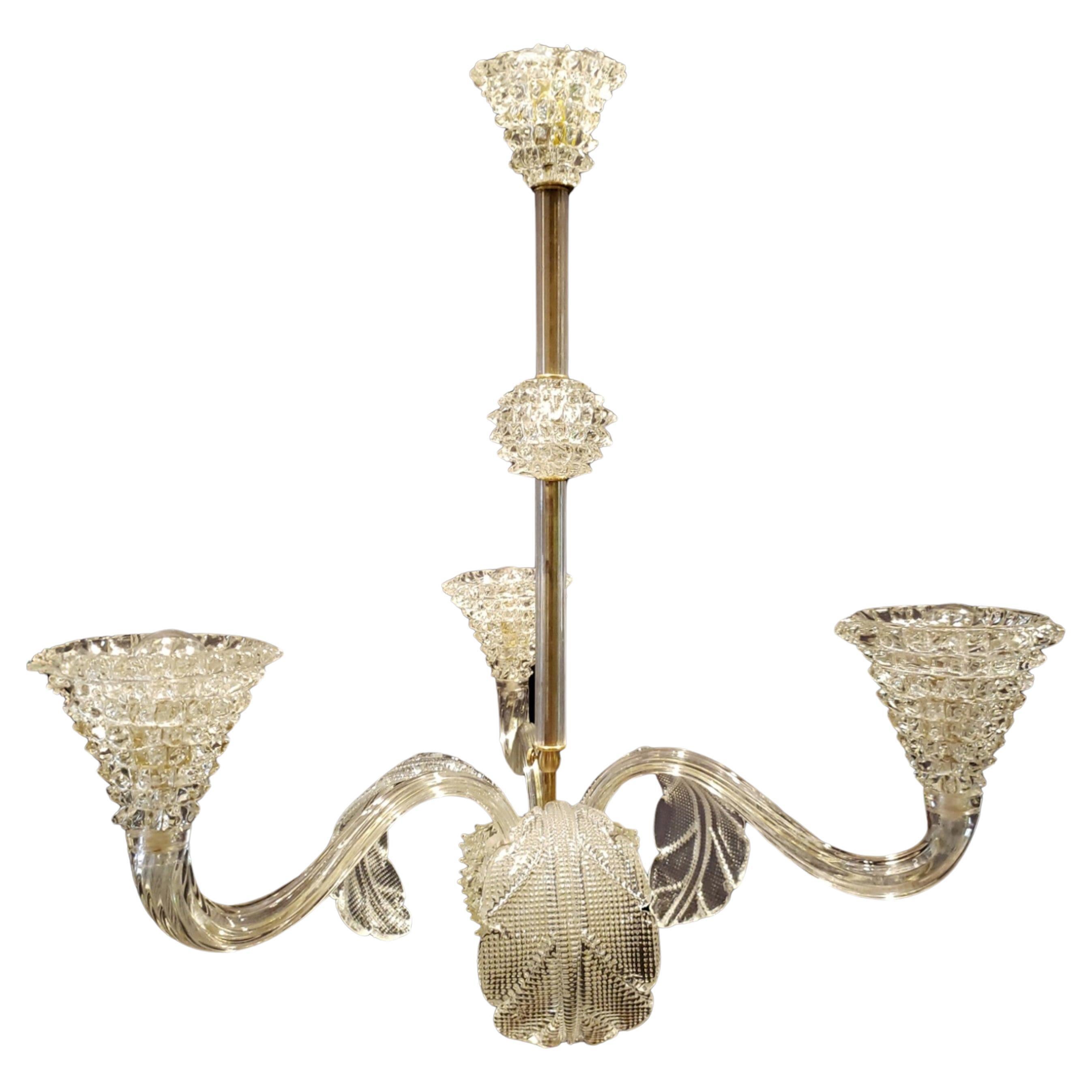 Rostrato Murano Hand Made Clear Glass Chandelier w 3 S Arm  For Sale