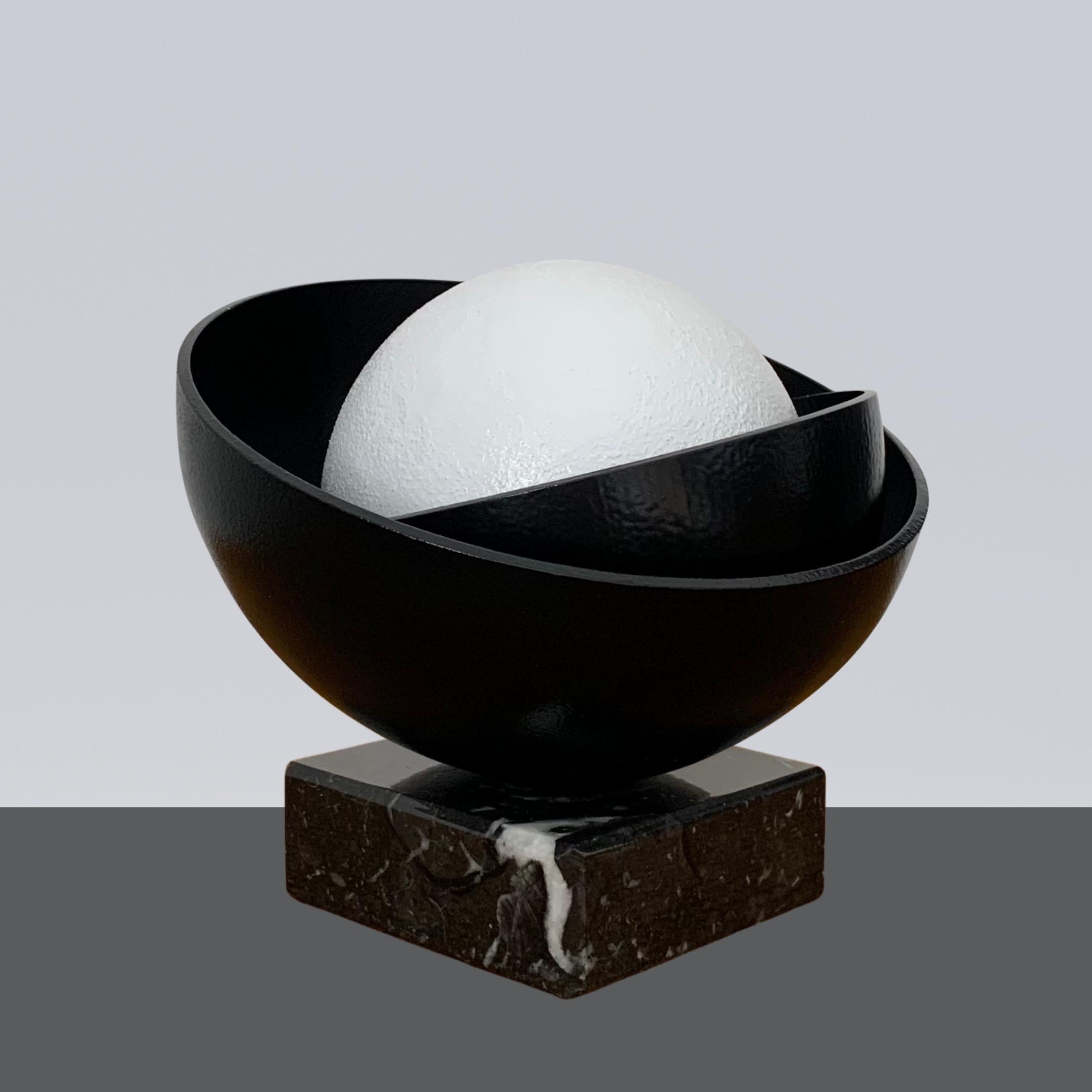 Black Shell with Big White Pearl Steel Minimalistic Abstract Sculpture