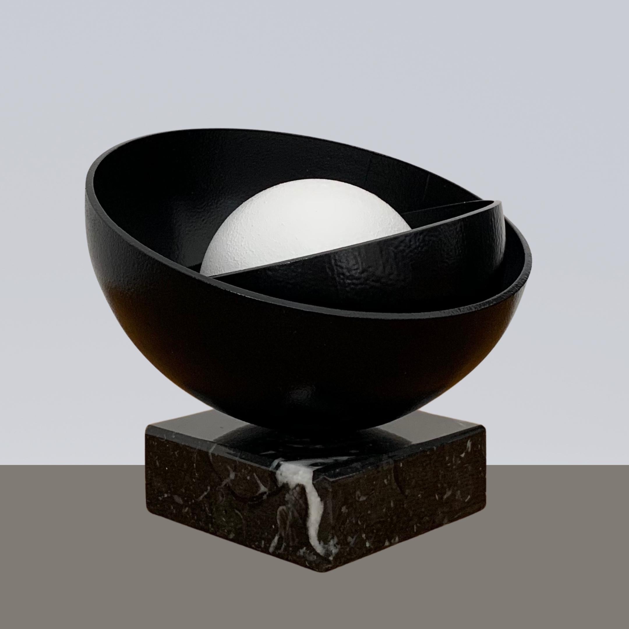 Black Shell with Small White Pearl Steel Minimalistic Abstract Sculpture