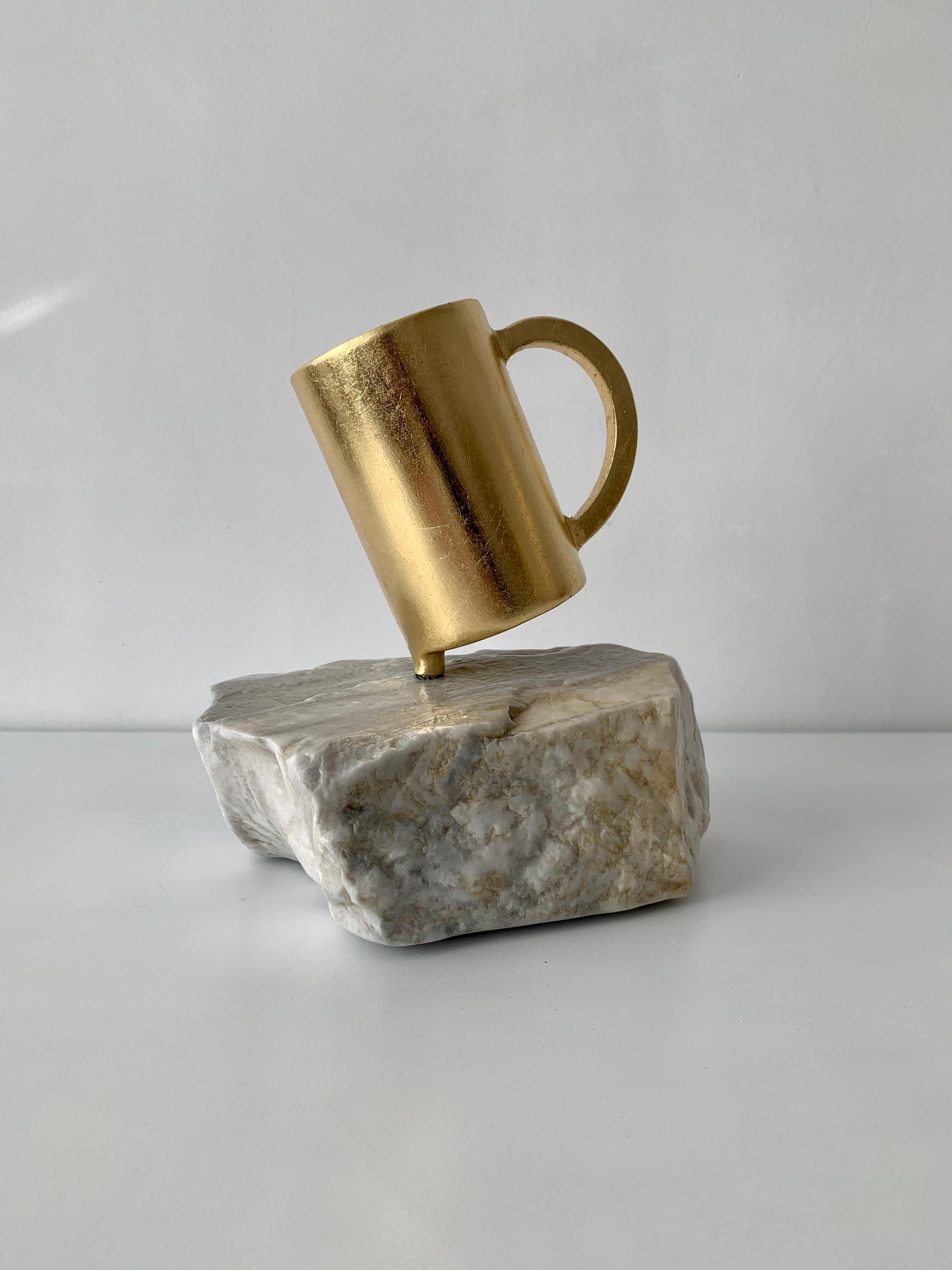 Original Sculpture TEA CUP Gold and White Steel and Marble Office - Gray Figurative Sculpture by Rostyslav Kozhman