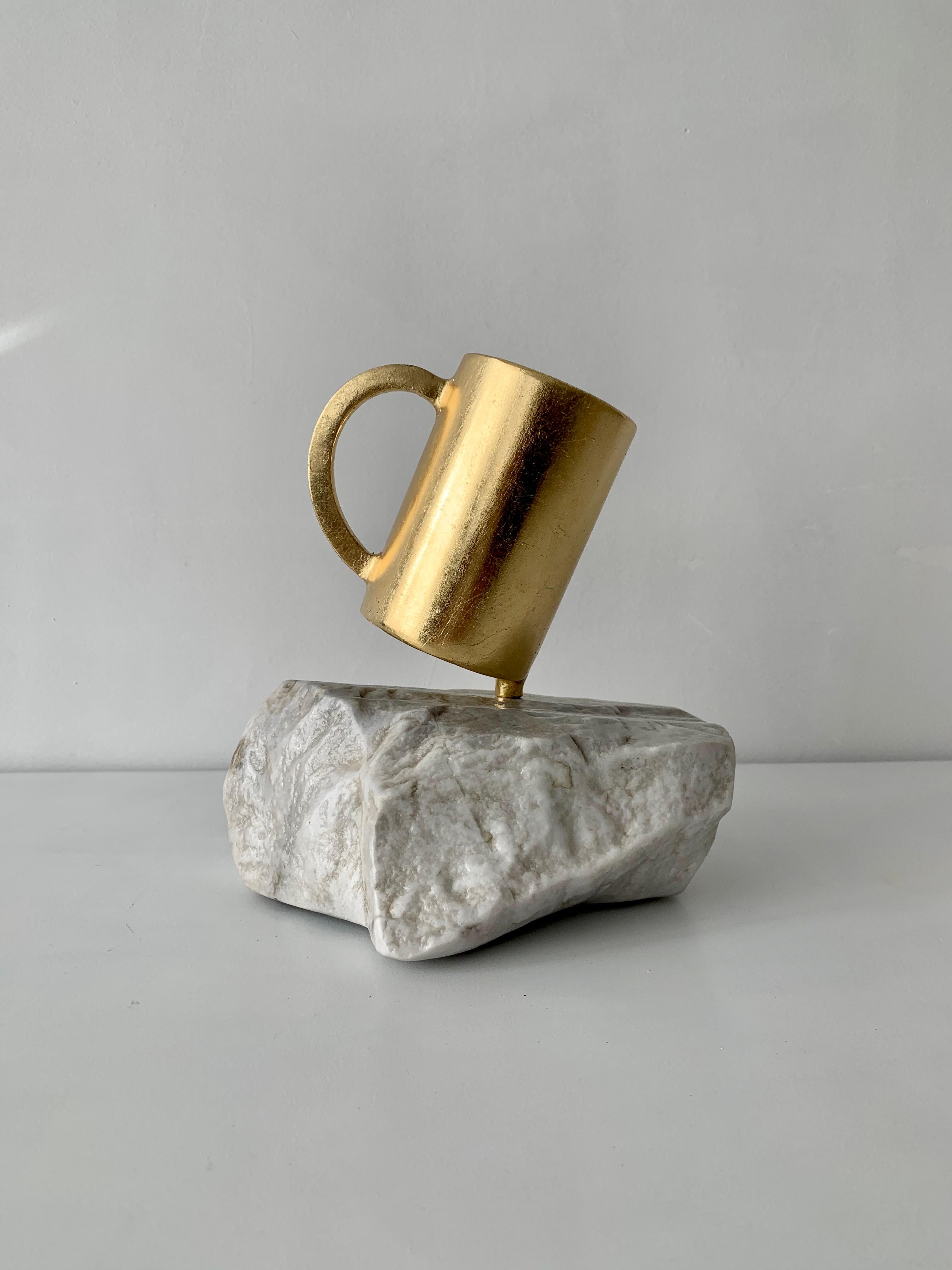 Original Sculpture TEA CUP Gold and White Steel and Marble Office For Sale 3