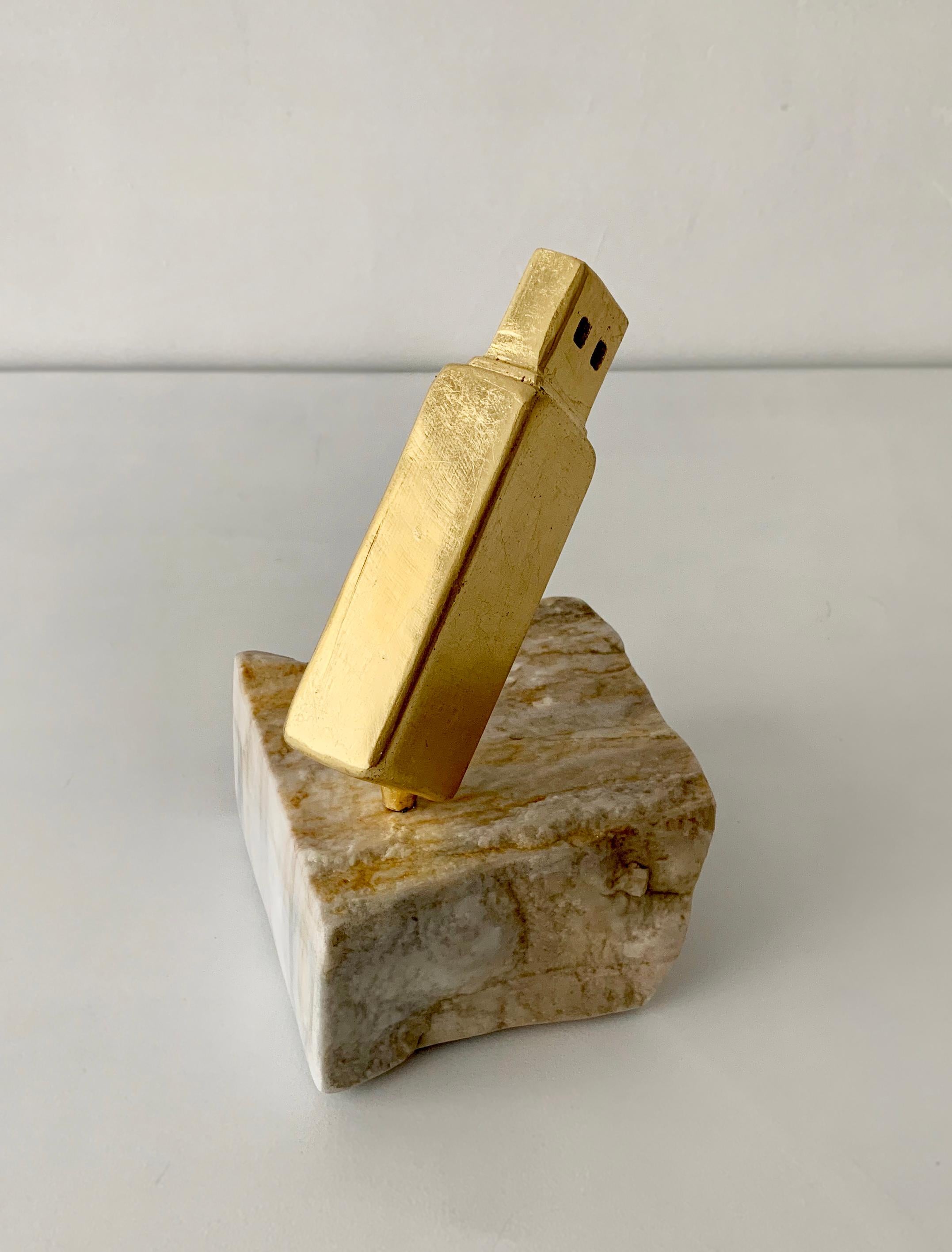 Original Sculpture USB Flash Gold and White Steel and Marble Office - Gray Figurative Sculpture by Rostyslav Kozhman