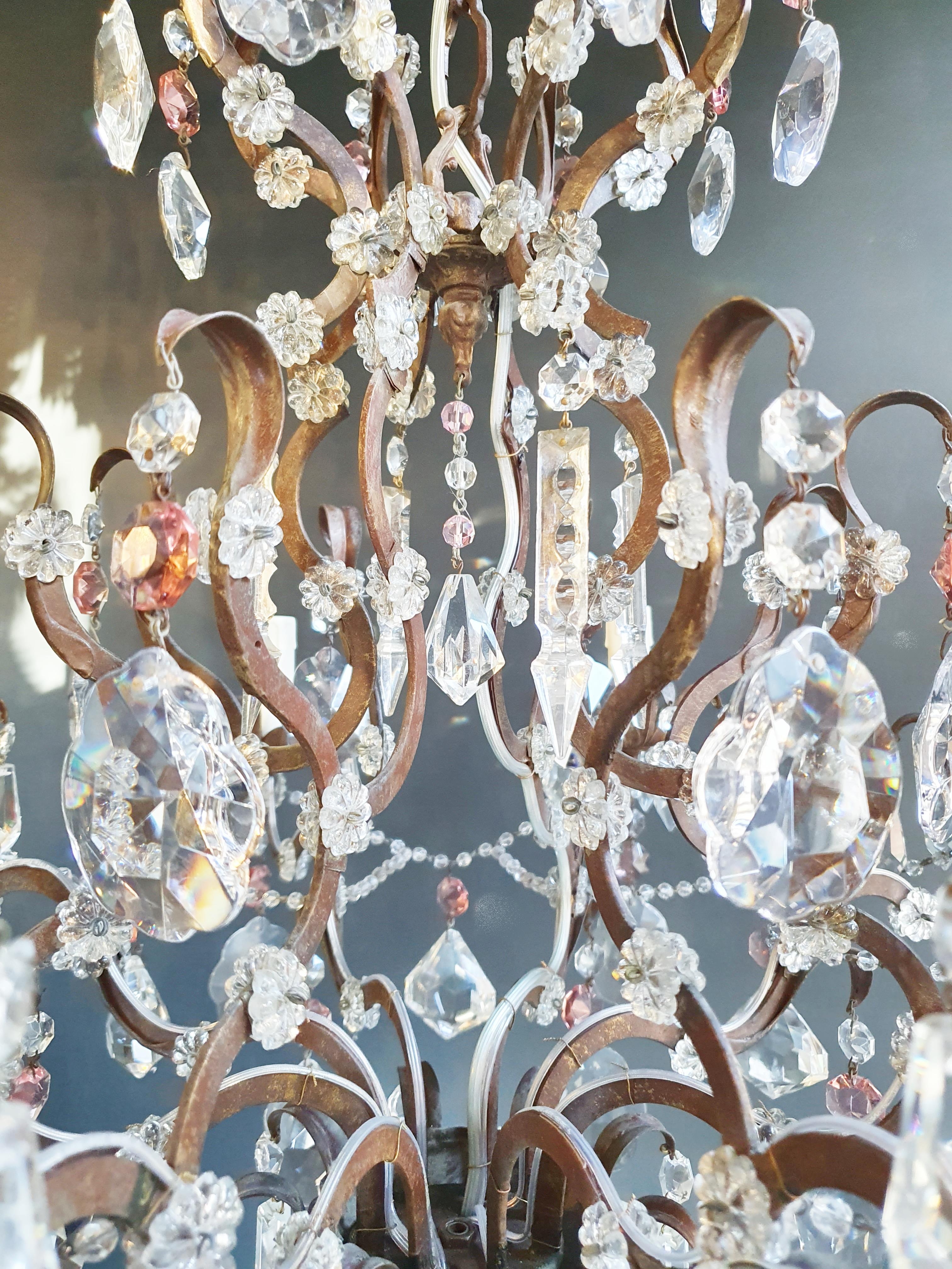 Early 20th Century Rosy Crystal Antique Chandelier Ceiling Florentiner Lustre Art Nouveau