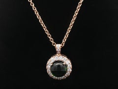 Rosy Yellow Gold High Quality Green Tourmaline Diamond Halo Pendant Necklace
