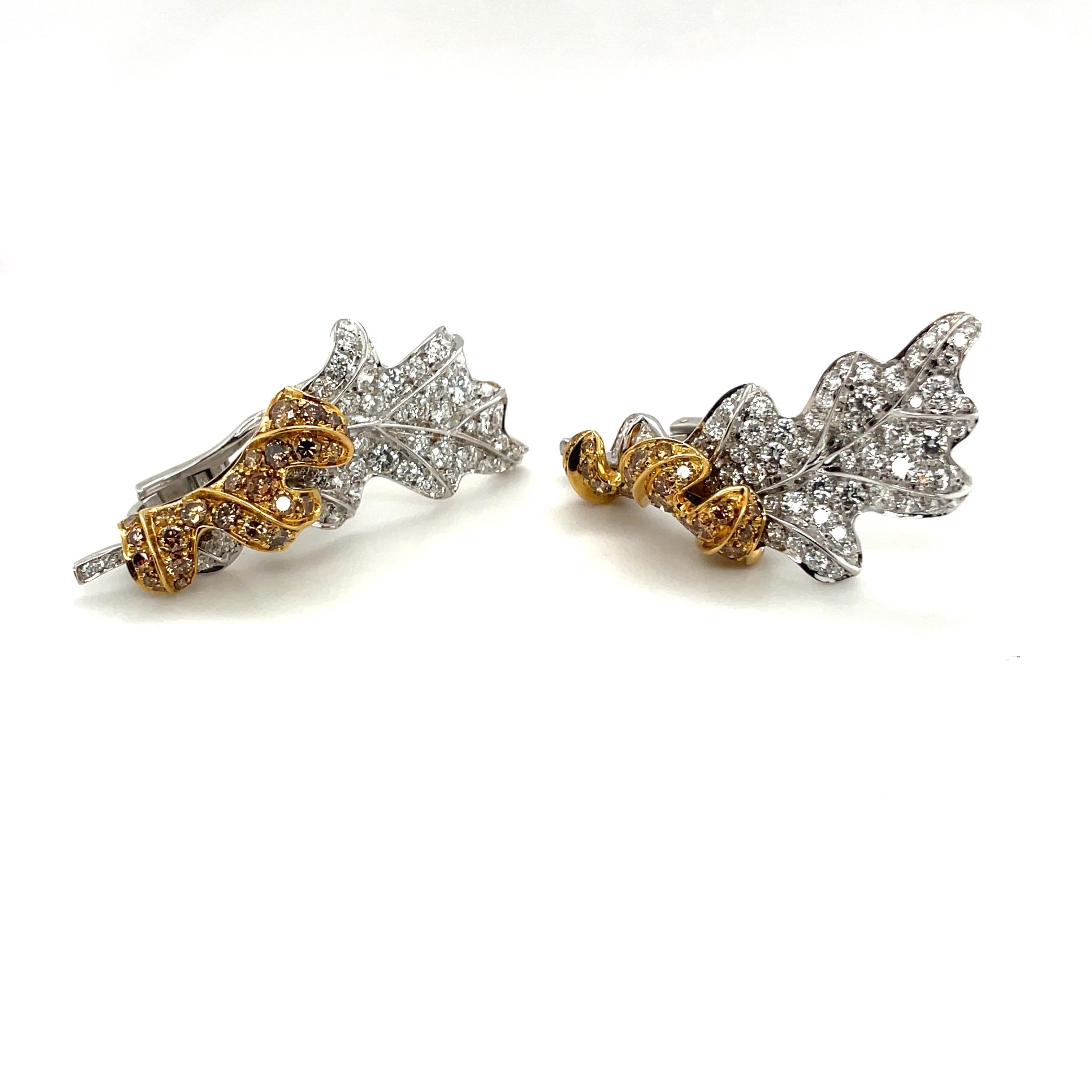 Rota & Rota 18kt WG/YG Braun & Weiß 5,03ct. Diamant-Blatt-Ohrringe im Zustand „Neu“ im Angebot in New York, NY