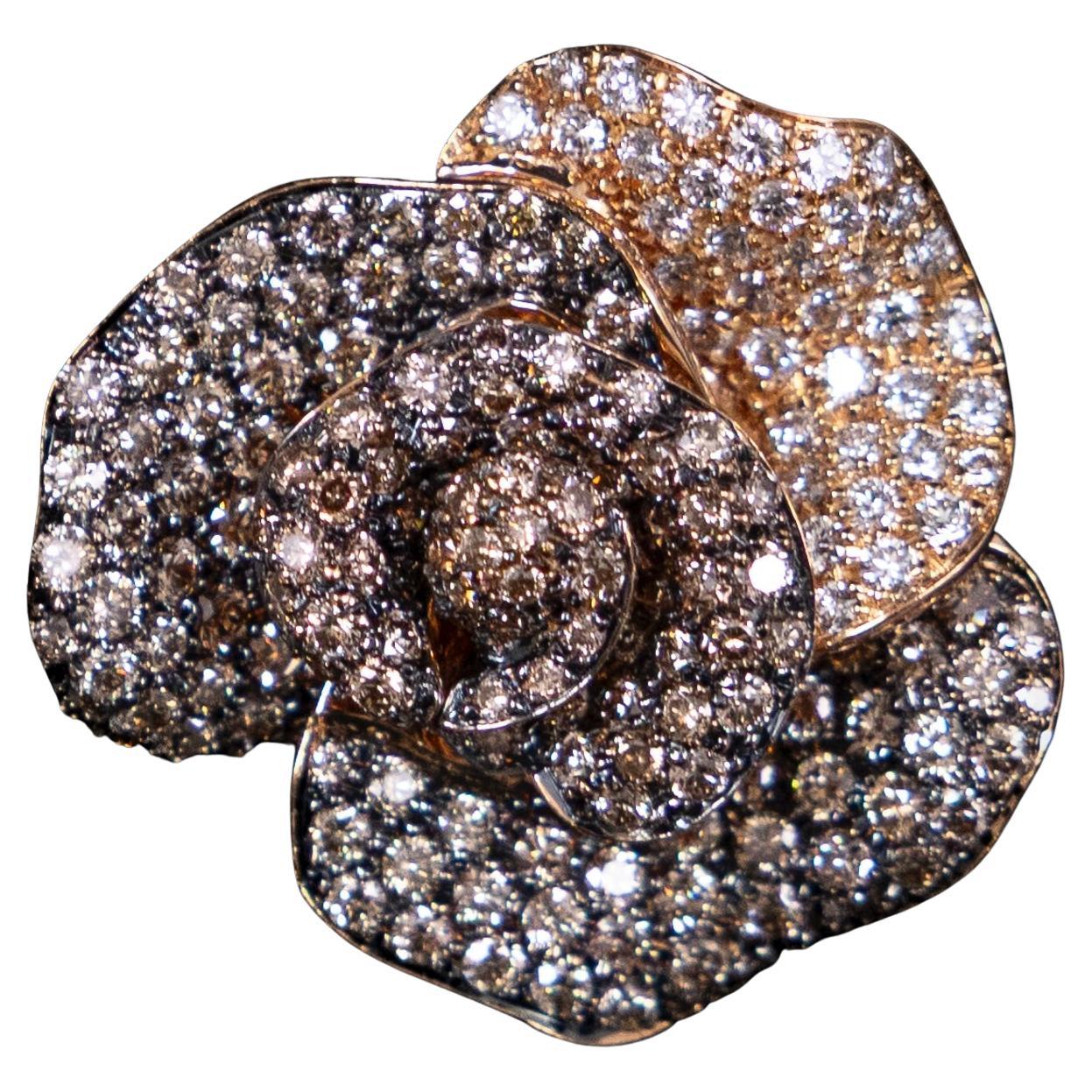 Rota & Rota Brown Diamond Rose Flower Cocktail Ring 18K Pink Blackened Gold For Sale