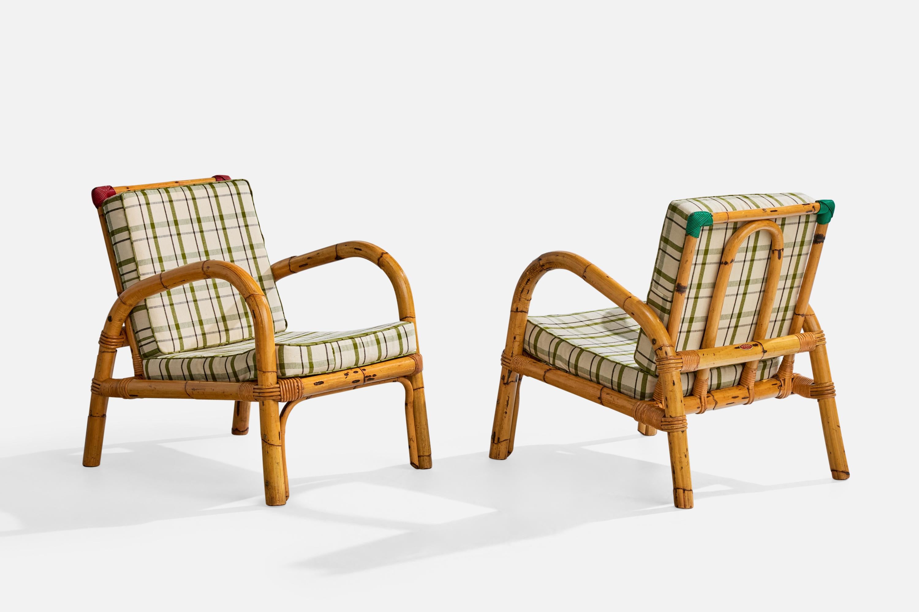 Rotan, chaises longues, bambou, rotin, tissu, Italie, années 1950 en vente 2