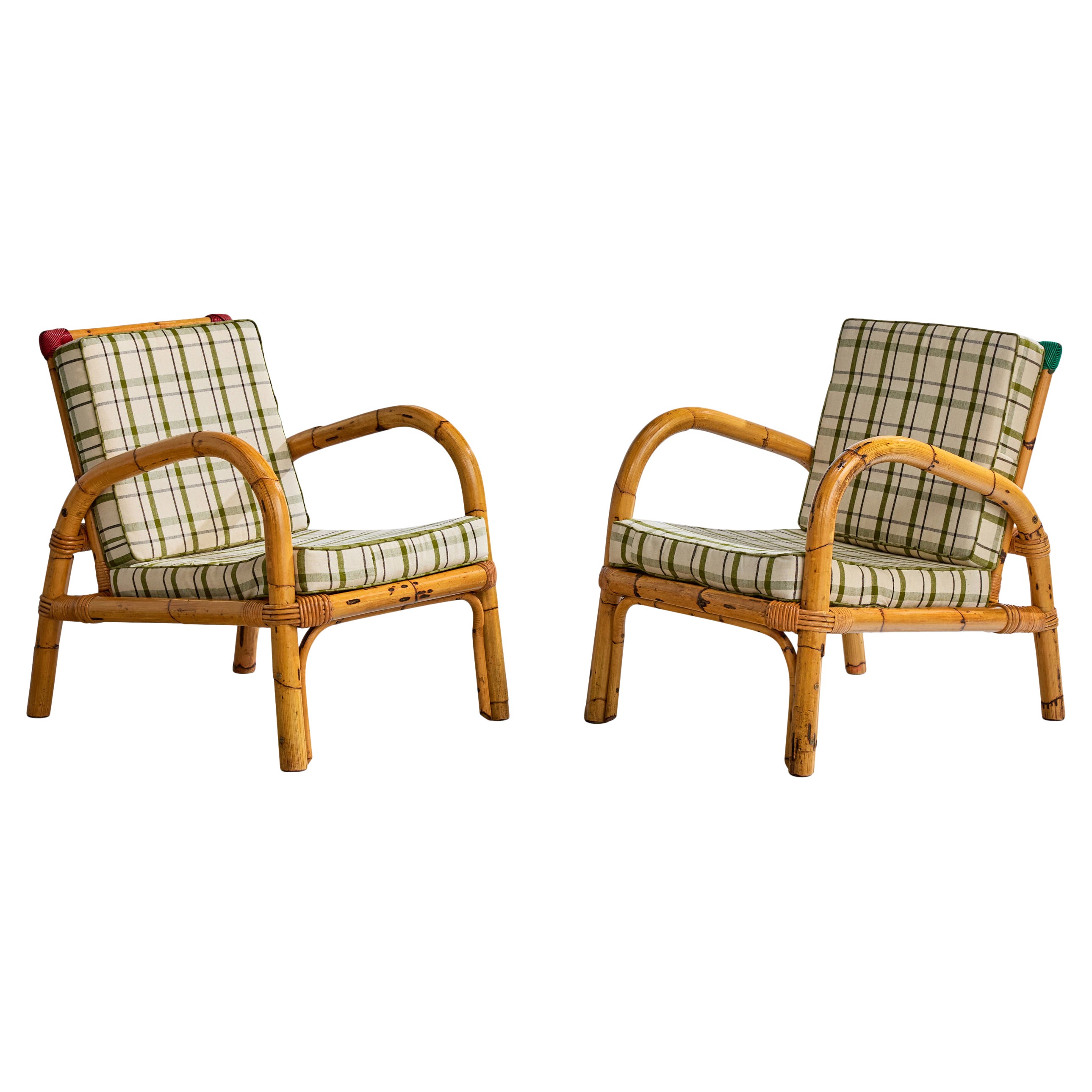 Rotan, Lounge Chairs, Bamboo, Rattan, Fabric, Italy, 1950s