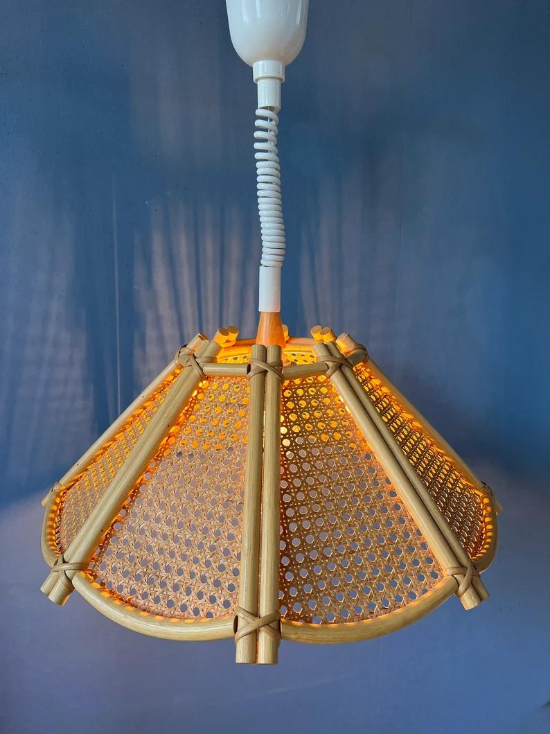 Rotan-Pendelleuchte aus Rattan mit Boho-Leuchte aus Bambus, Vintage-Lampe, 1970er Jahre im Angebot 1