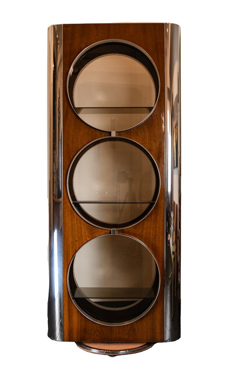 Rotating 1970's French Display Case in Rosewood, Stainless Steel and